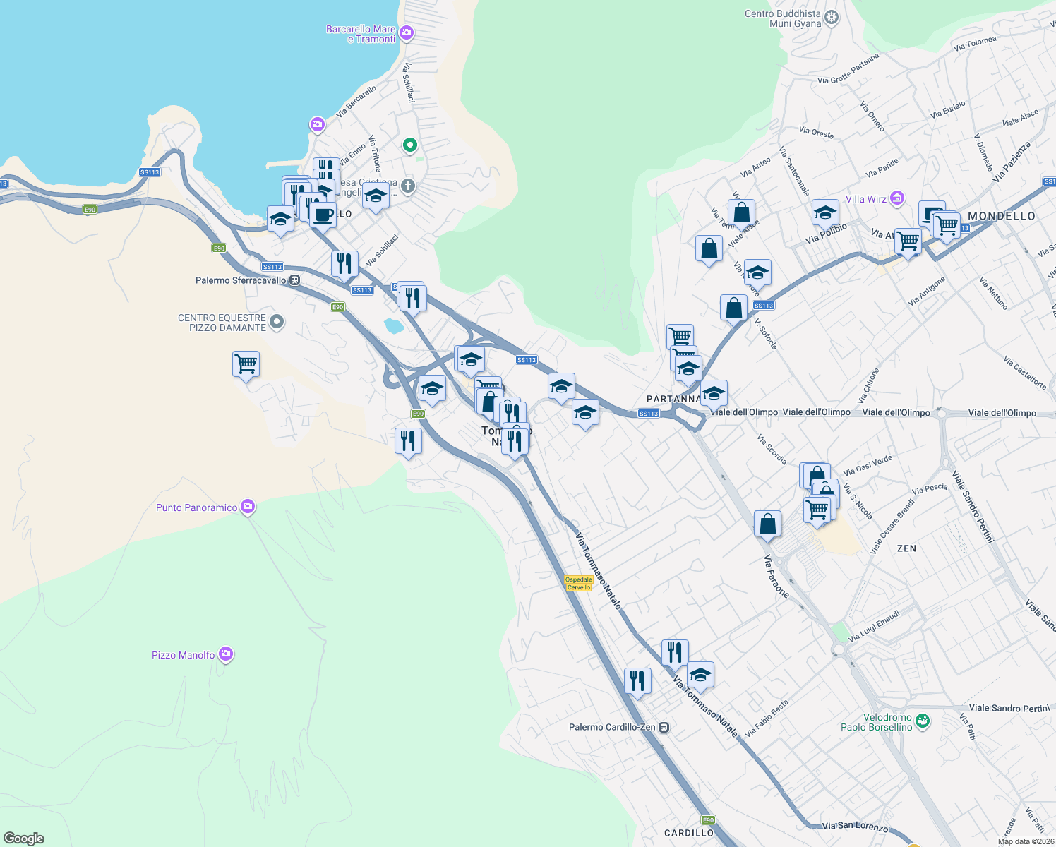 map of restaurants, bars, coffee shops, grocery stores, and more near 31 Via Platani in Palermo