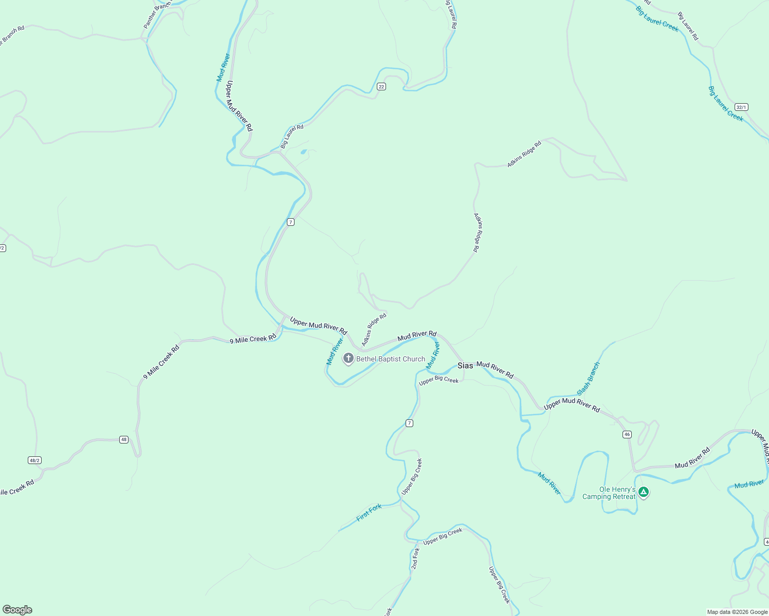 map of restaurants, bars, coffee shops, grocery stores, and more near 46 Adkins Ridge in Branchland