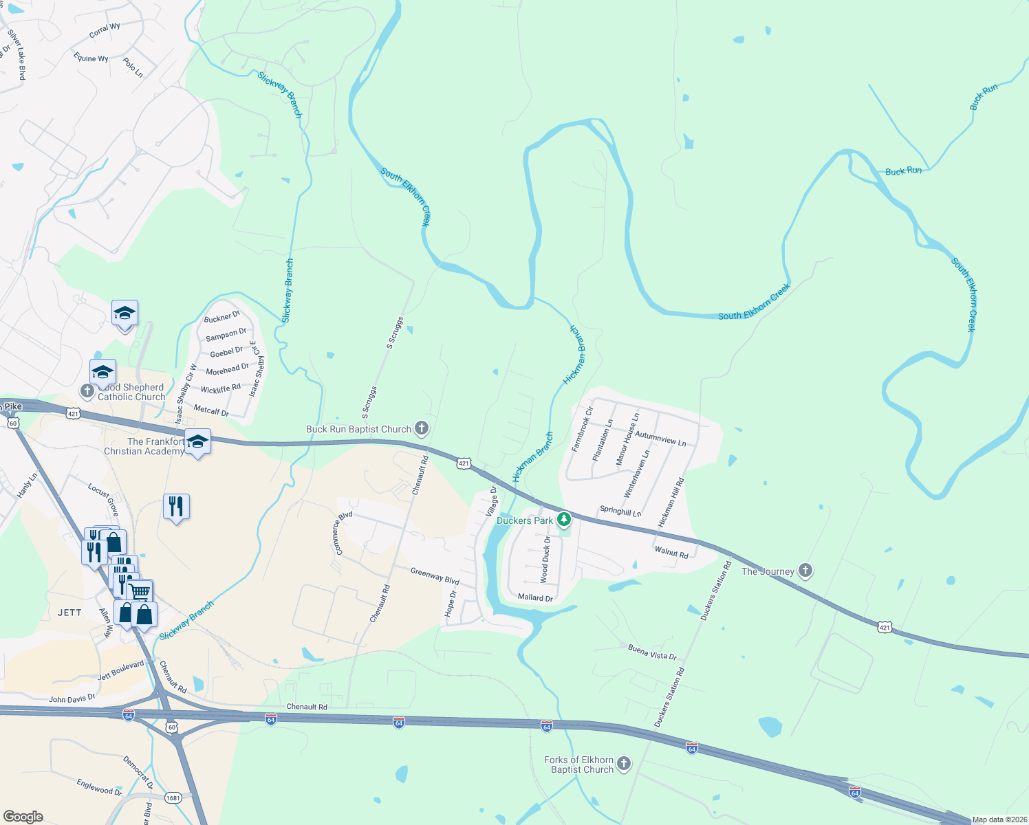 map of restaurants, bars, coffee shops, grocery stores, and more near 112 Bayberry Lane in Frankfort