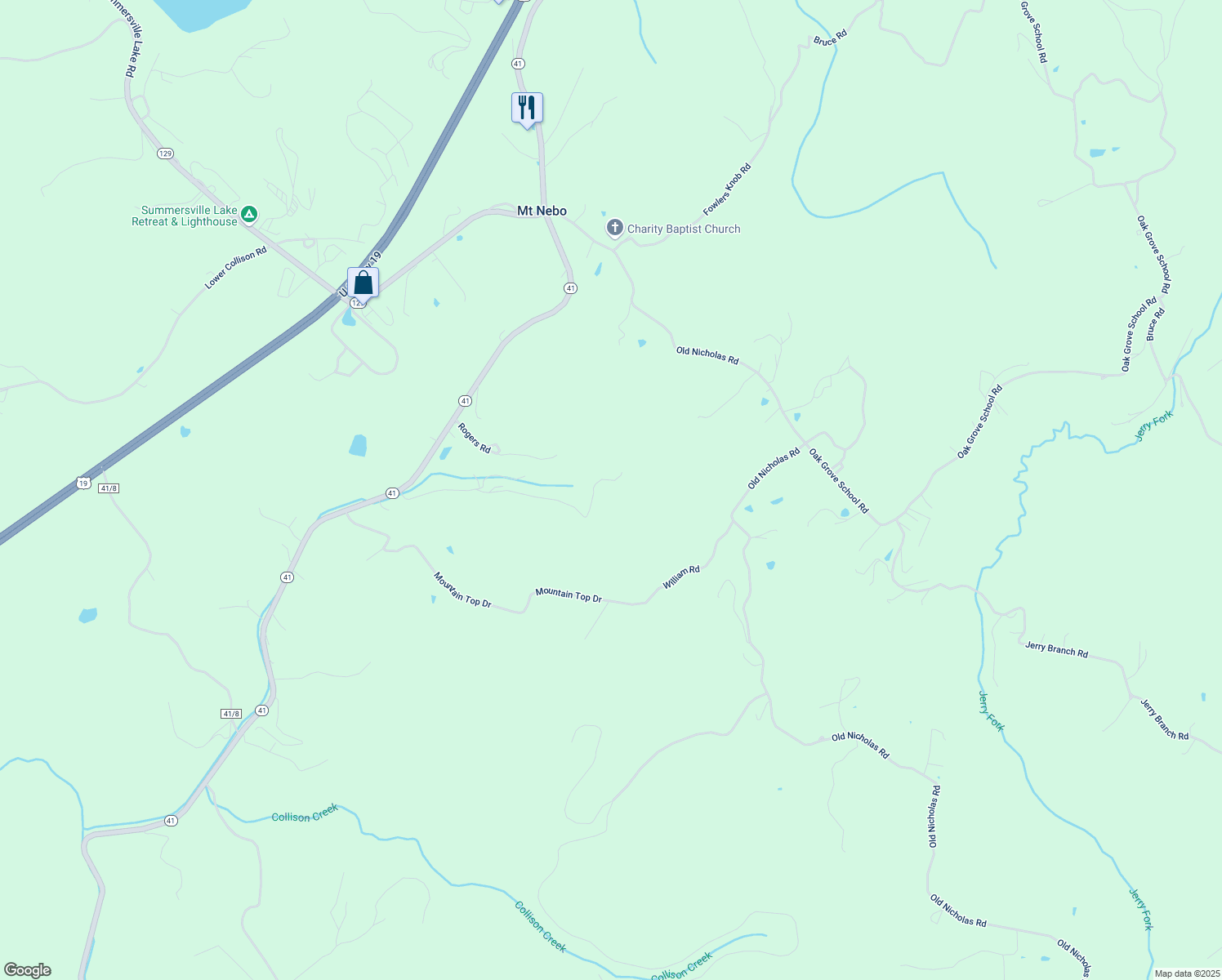 map of restaurants, bars, coffee shops, grocery stores, and more near 710 Moses Road in Mount Nebo