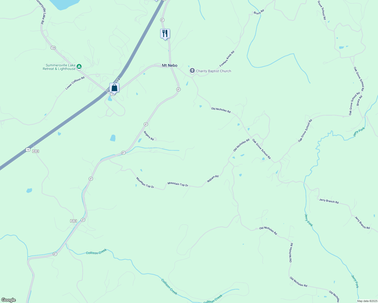 map of restaurants, bars, coffee shops, grocery stores, and more near 710 Moses Road in Mount Nebo