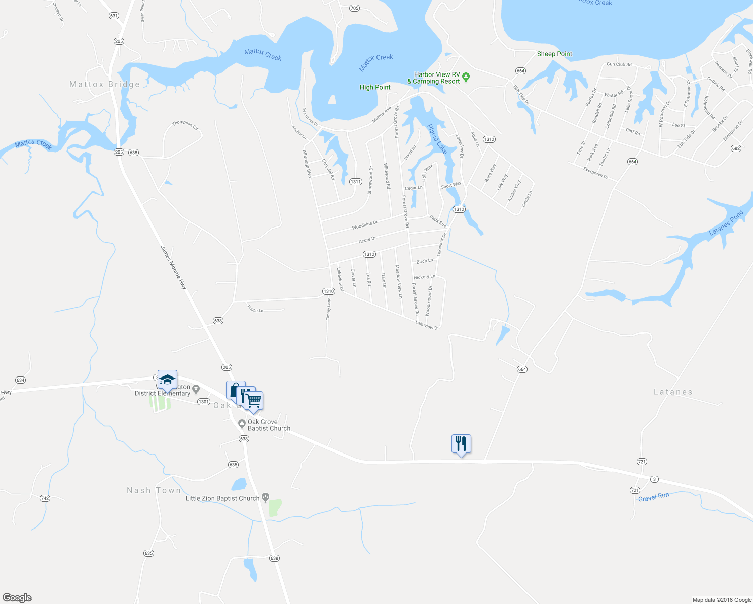 map of restaurants, bars, coffee shops, grocery stores, and more near 4 Lakeview Drive in Colonial Beach