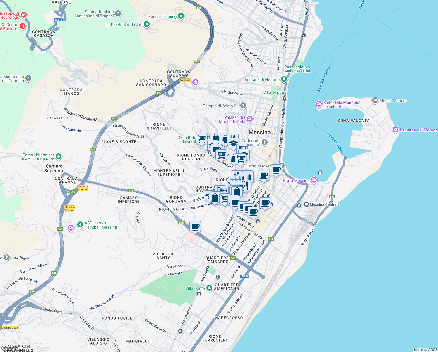 map of restaurants, bars, coffee shops, grocery stores, and more near 147 Viale Italia in Messina