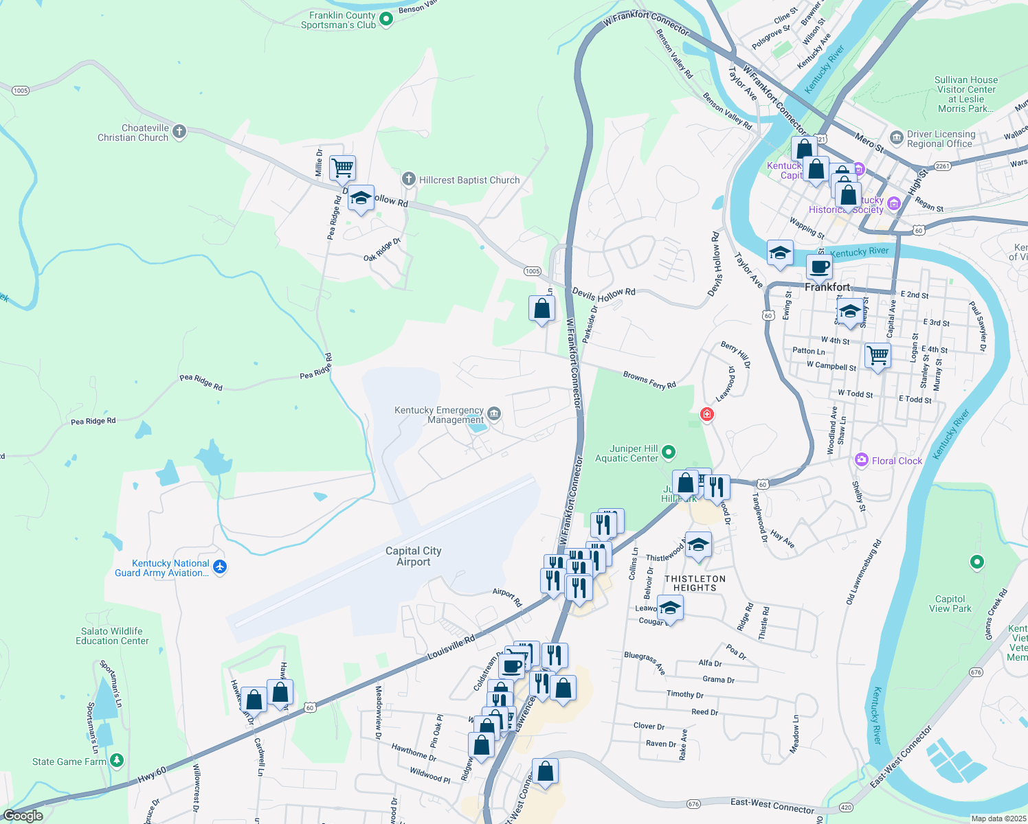 map of restaurants, bars, coffee shops, grocery stores, and more near 305 Juniper Drive in Frankfort