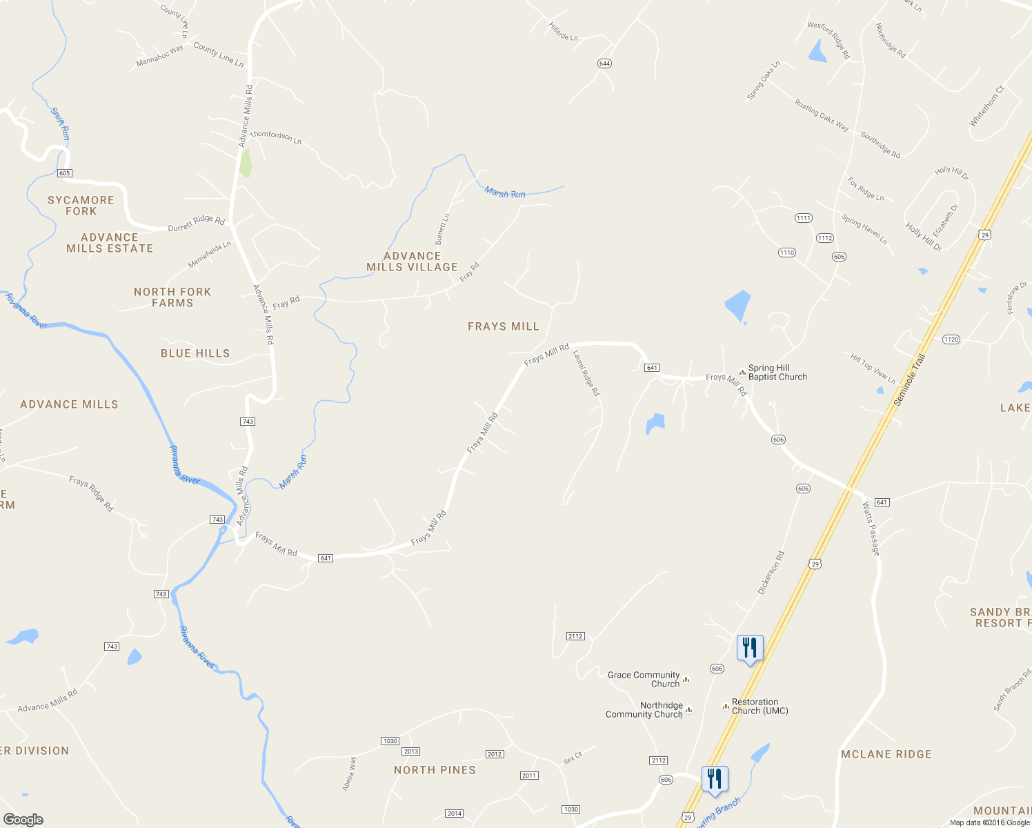 map of restaurants, bars, coffee shops, grocery stores, and more near 2247 Frays Mill Road in Ruckersville