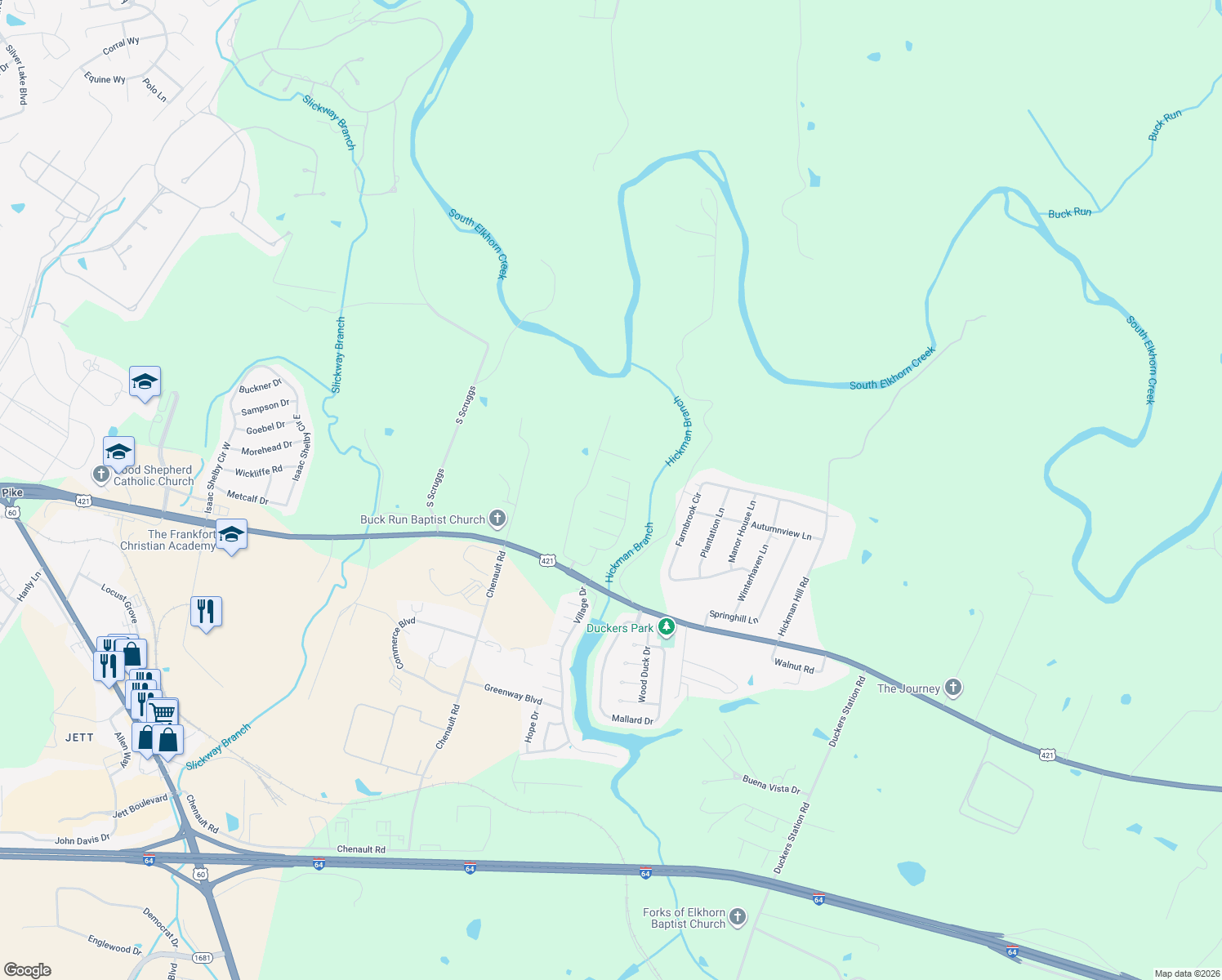 map of restaurants, bars, coffee shops, grocery stores, and more near 112 Bayberry Lane in Frankfort