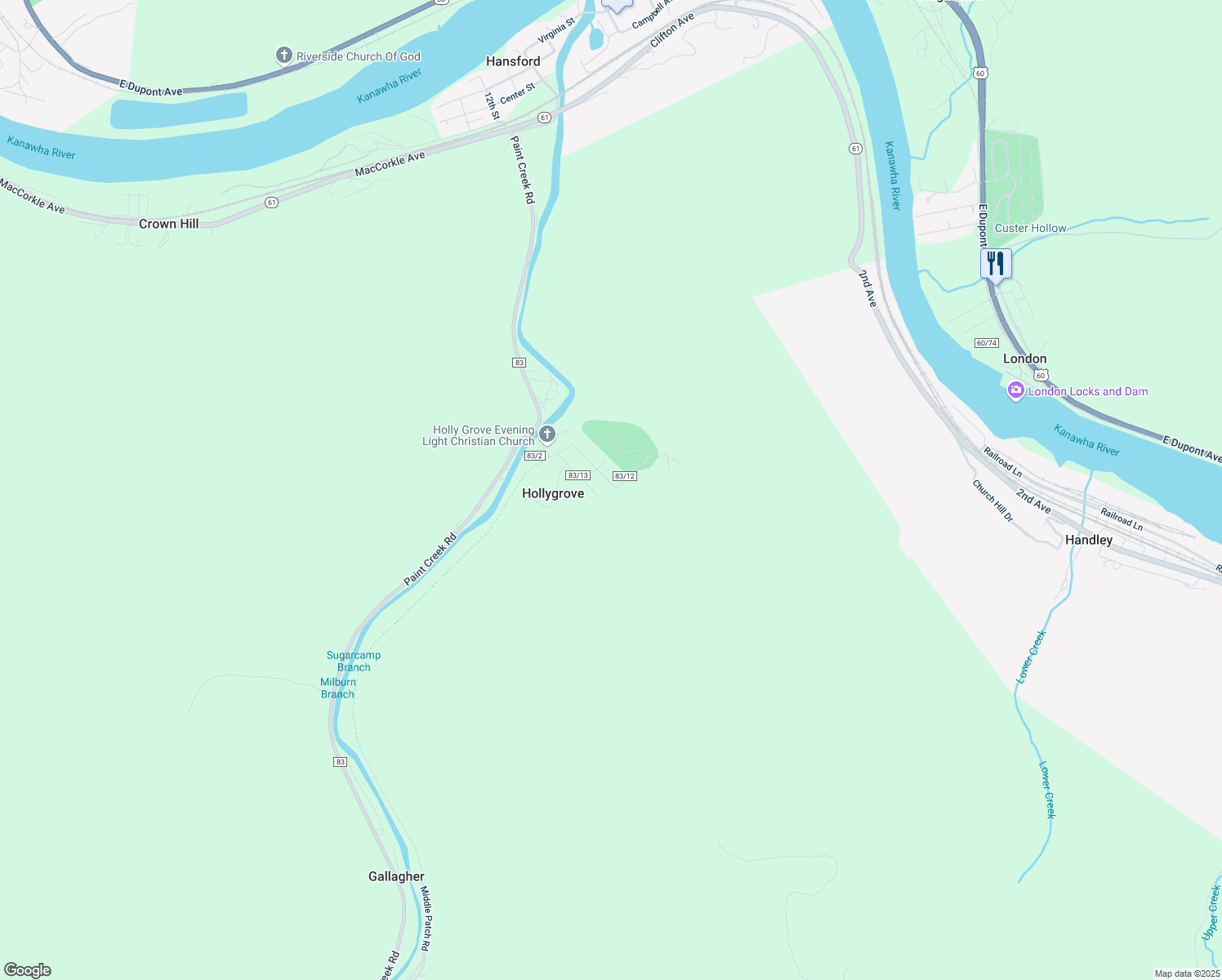 map of restaurants, bars, coffee shops, grocery stores, and more near 164 Groves School Road in Hansford