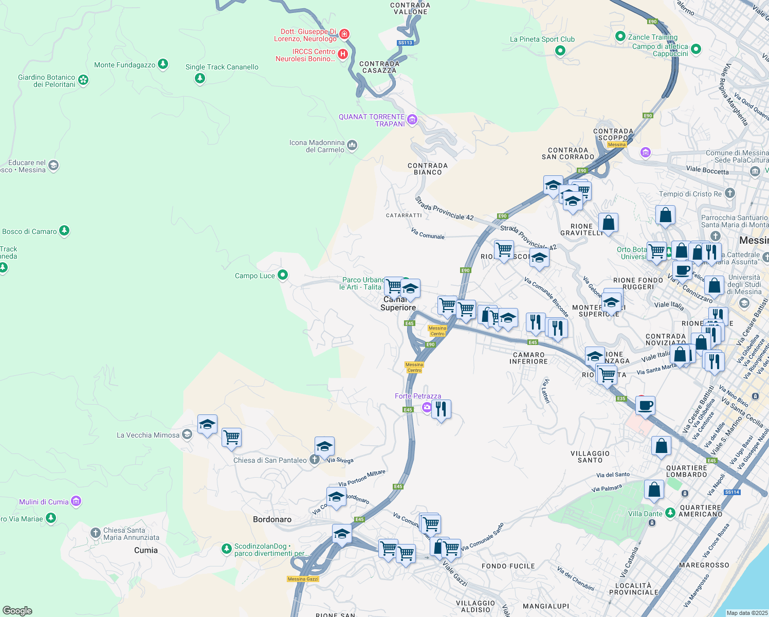 map of restaurants, bars, coffee shops, grocery stores, and more near 13 Località Camaro Superiore in Messina