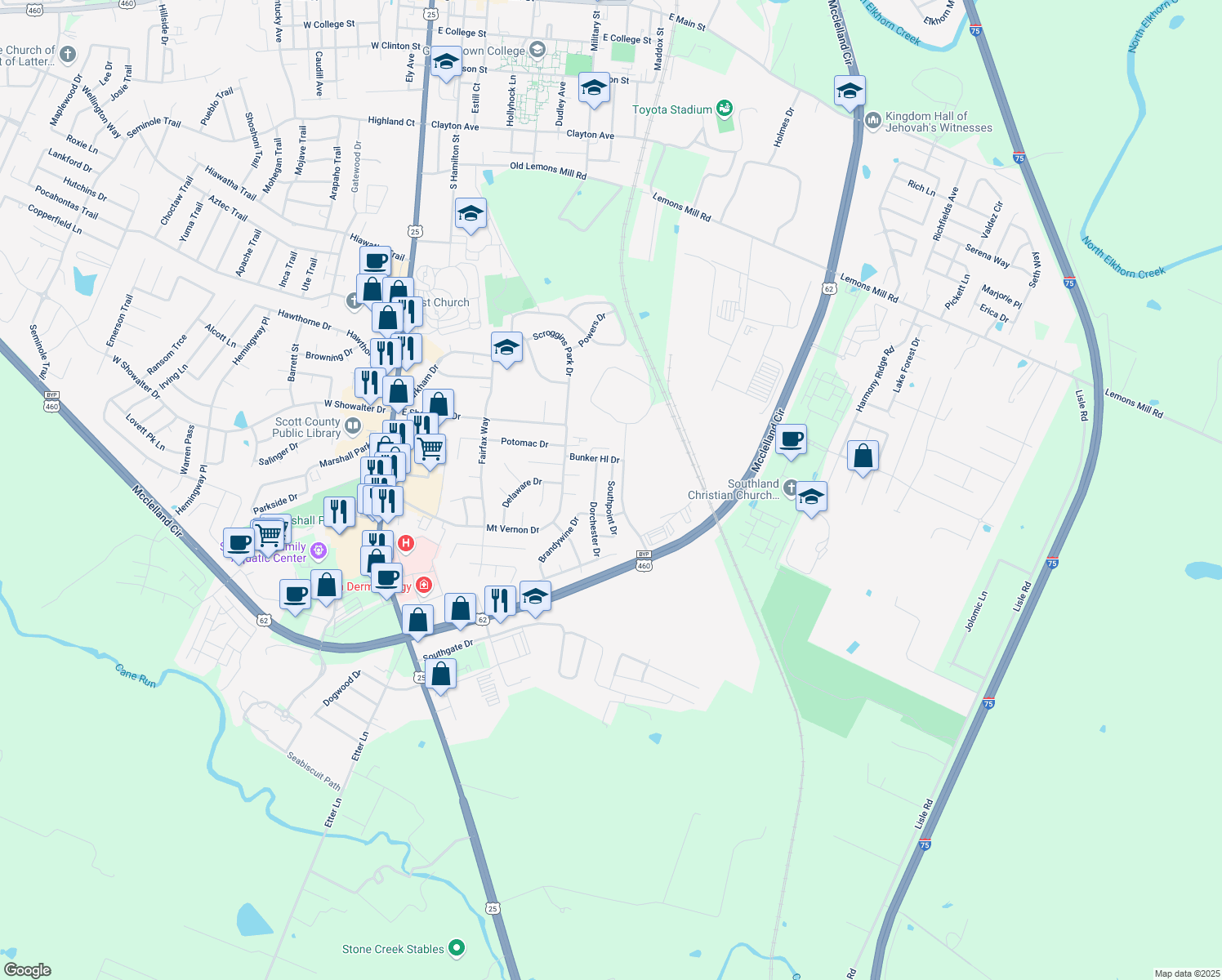 map of restaurants, bars, coffee shops, grocery stores, and more near 1140 Southpoint Drive in Georgetown