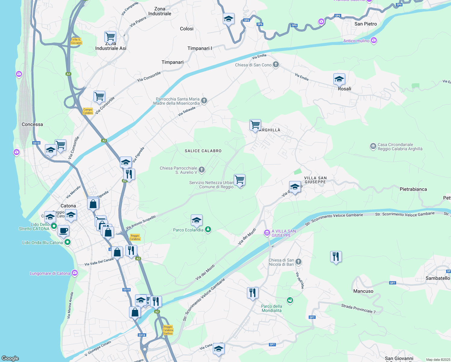 map of restaurants, bars, coffee shops, grocery stores, and more near 1 Via Arghillà Sud in Reggio Calabria