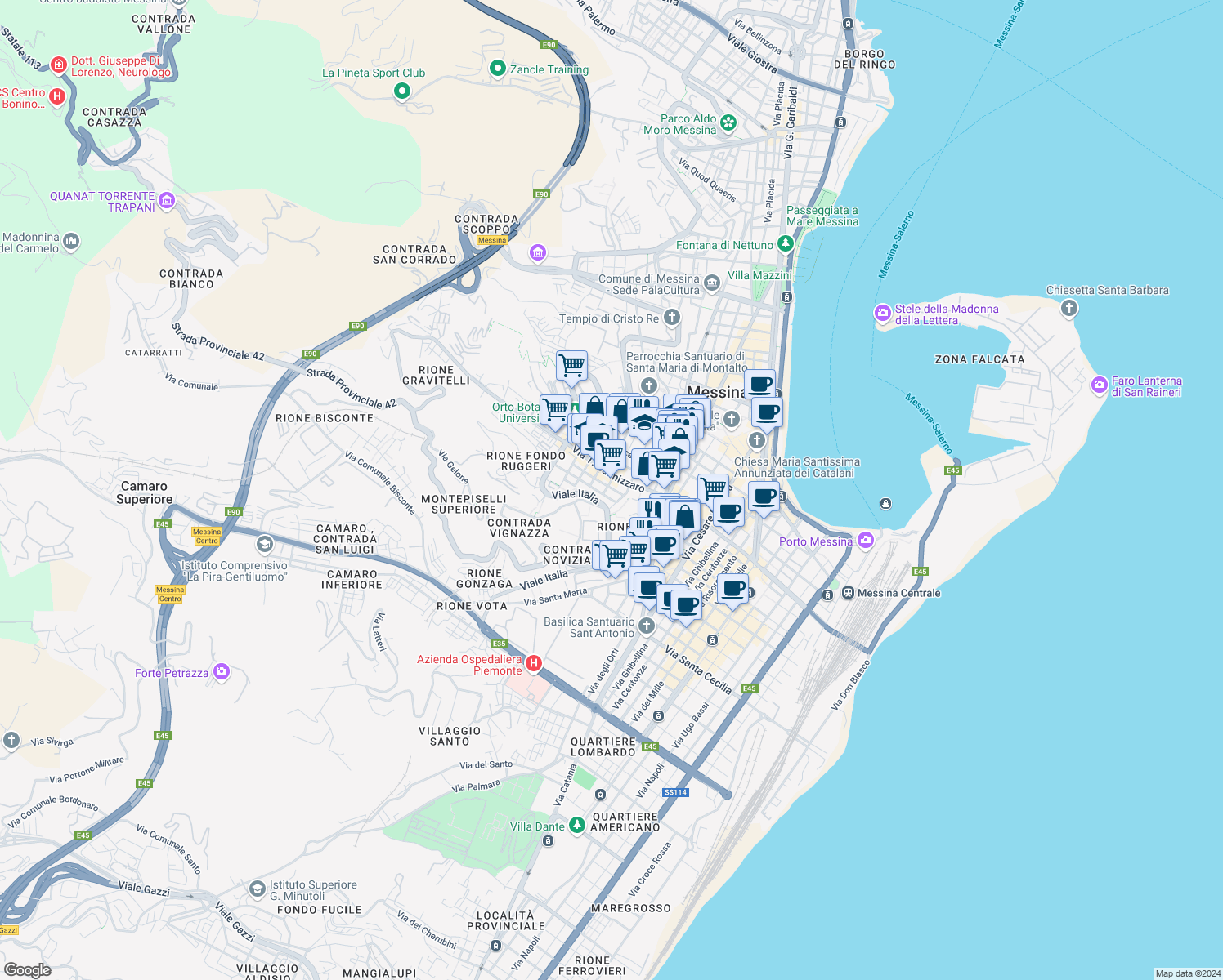 map of restaurants, bars, coffee shops, grocery stores, and more near 224 Via T. Cannizzaro Is.9 in Messina