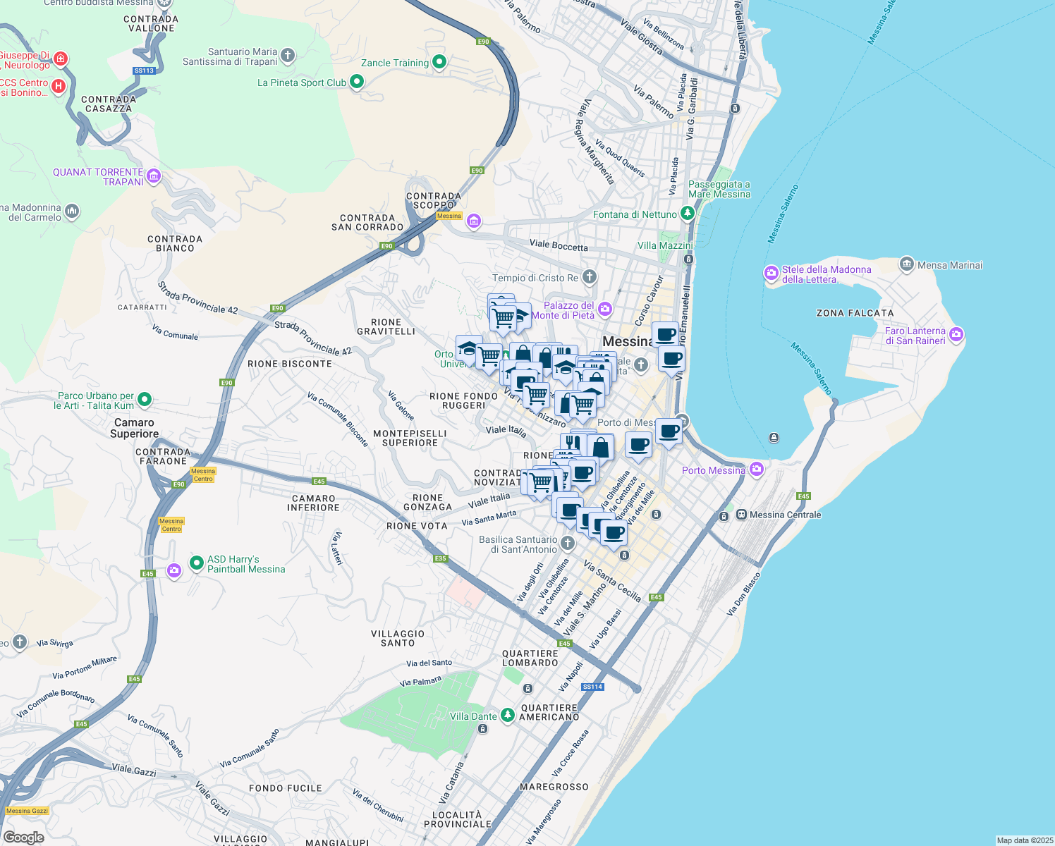map of restaurants, bars, coffee shops, grocery stores, and more near 147 Viale Italia in Messina