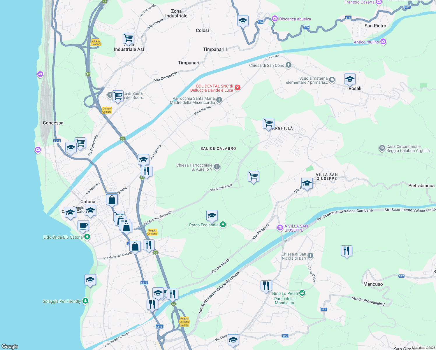 map of restaurants, bars, coffee shops, grocery stores, and more near 20 Via Arghillà Sud in Reggio Calabria