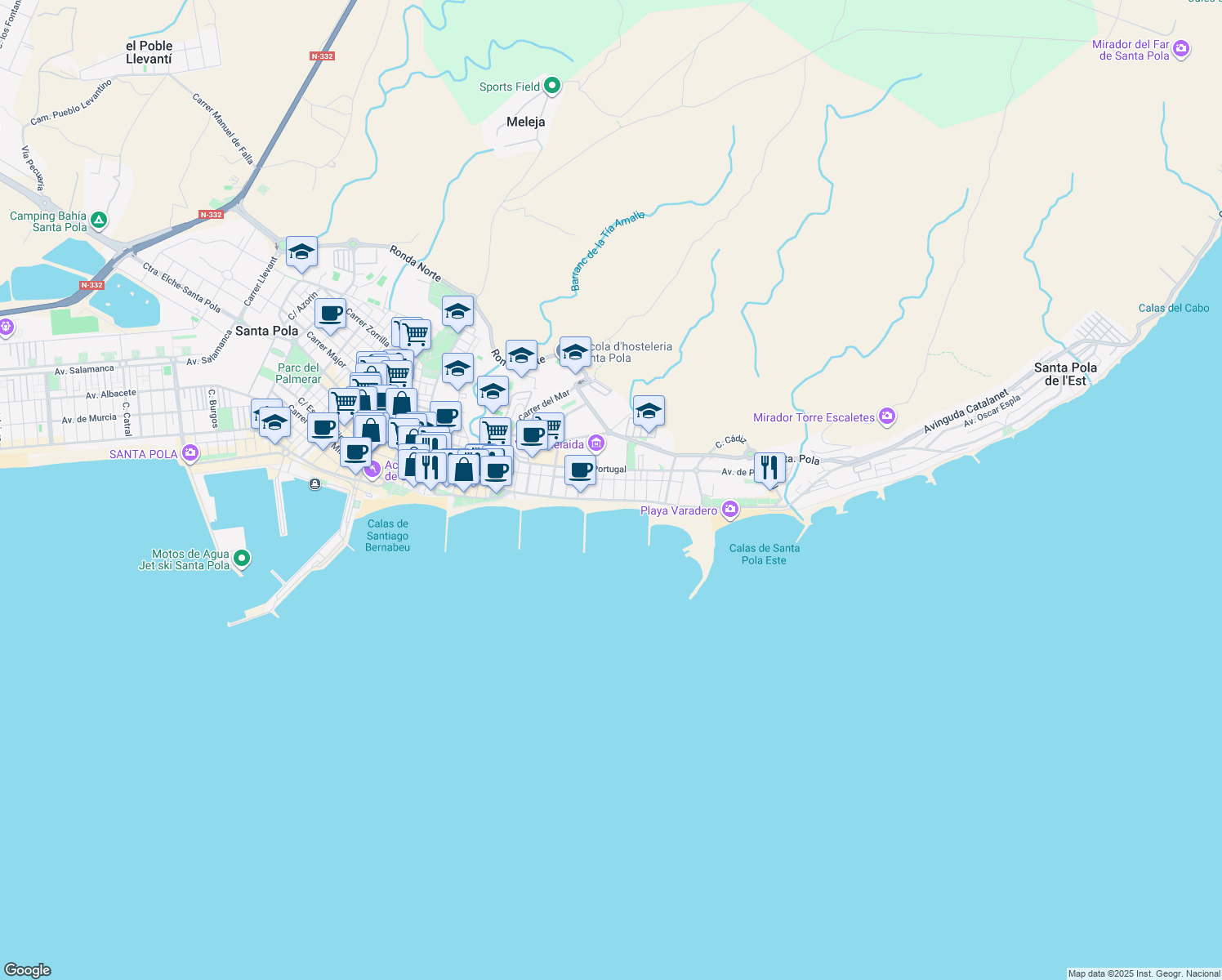 map of restaurants, bars, coffee shops, grocery stores, and more near 3 Carrer Uruguai in Santa Pola