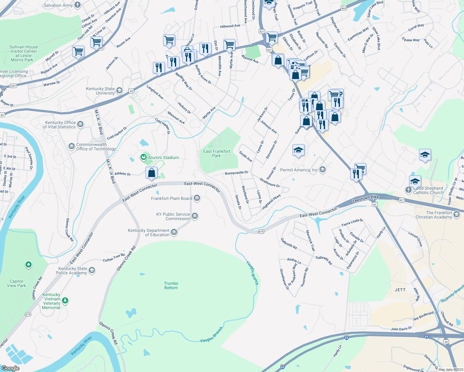 map of restaurants, bars, coffee shops, grocery stores, and more near 313 Senate Drive in Frankfort