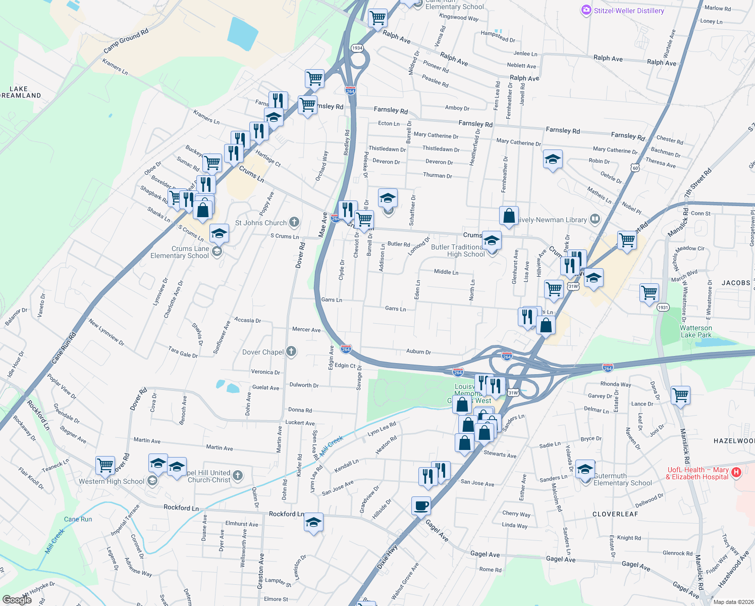 map of restaurants, bars, coffee shops, grocery stores, and more near 4052 Addison Lane in Louisville