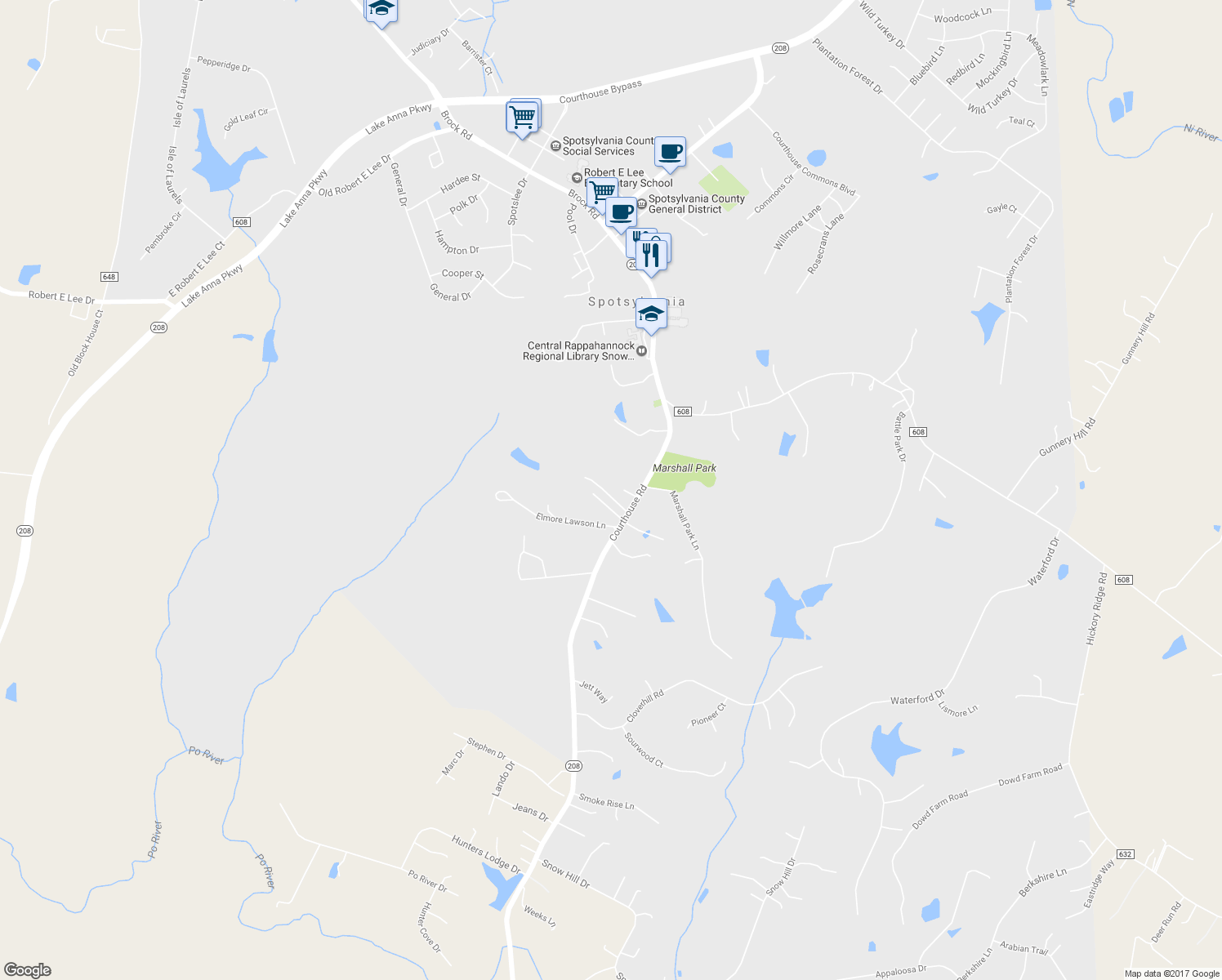 map of restaurants, bars, coffee shops, grocery stores, and more near 8434 Courthouse Road in Spotsylvania Courthouse