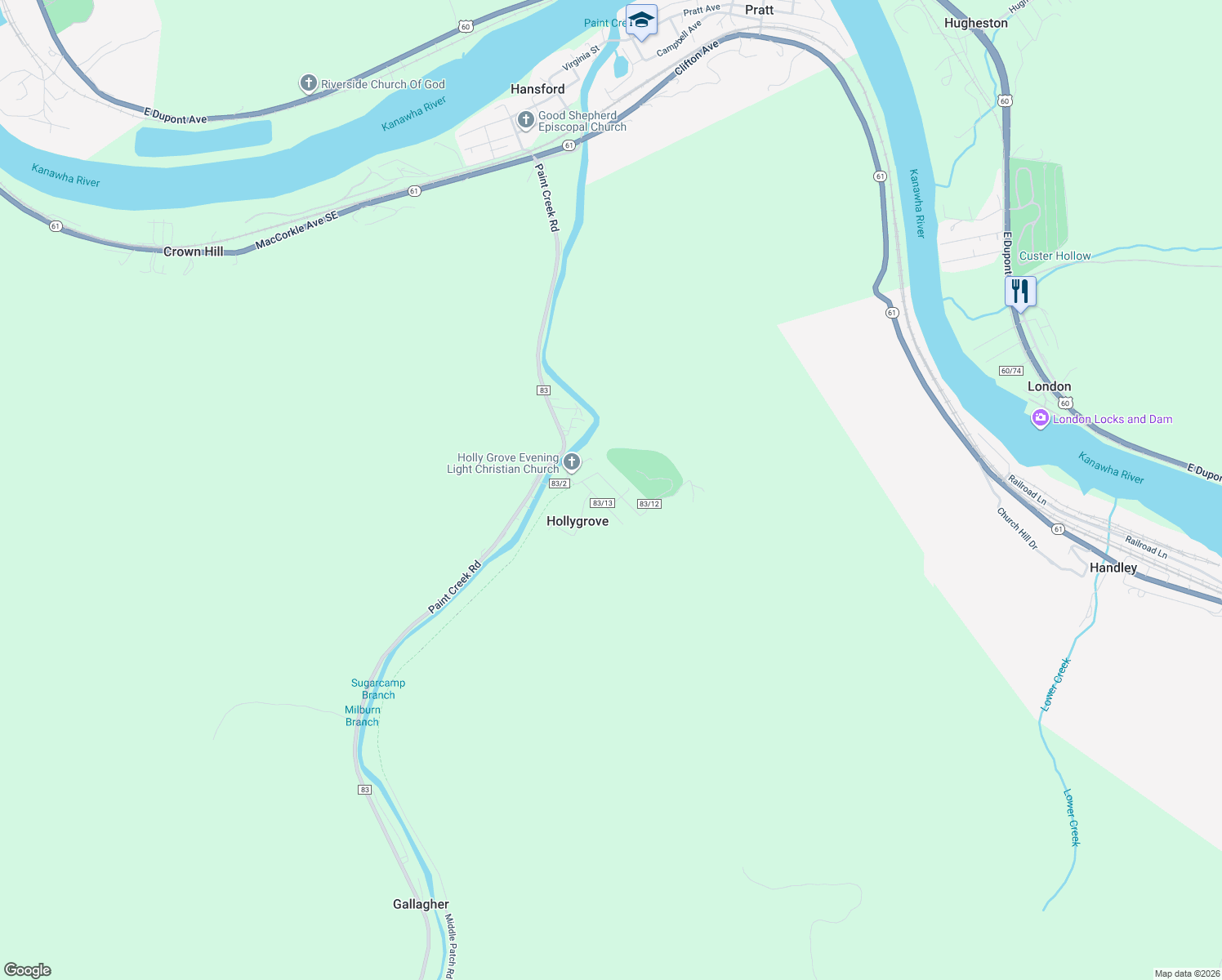 map of restaurants, bars, coffee shops, grocery stores, and more near 62 Groves School Road in Hansford