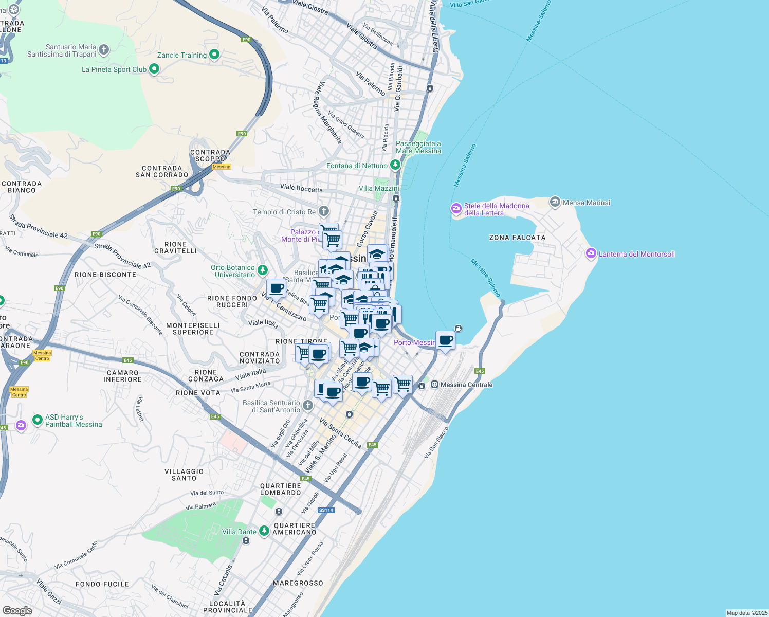 map of restaurants, bars, coffee shops, grocery stores, and more near Via Vittorio Emanuele in Messina