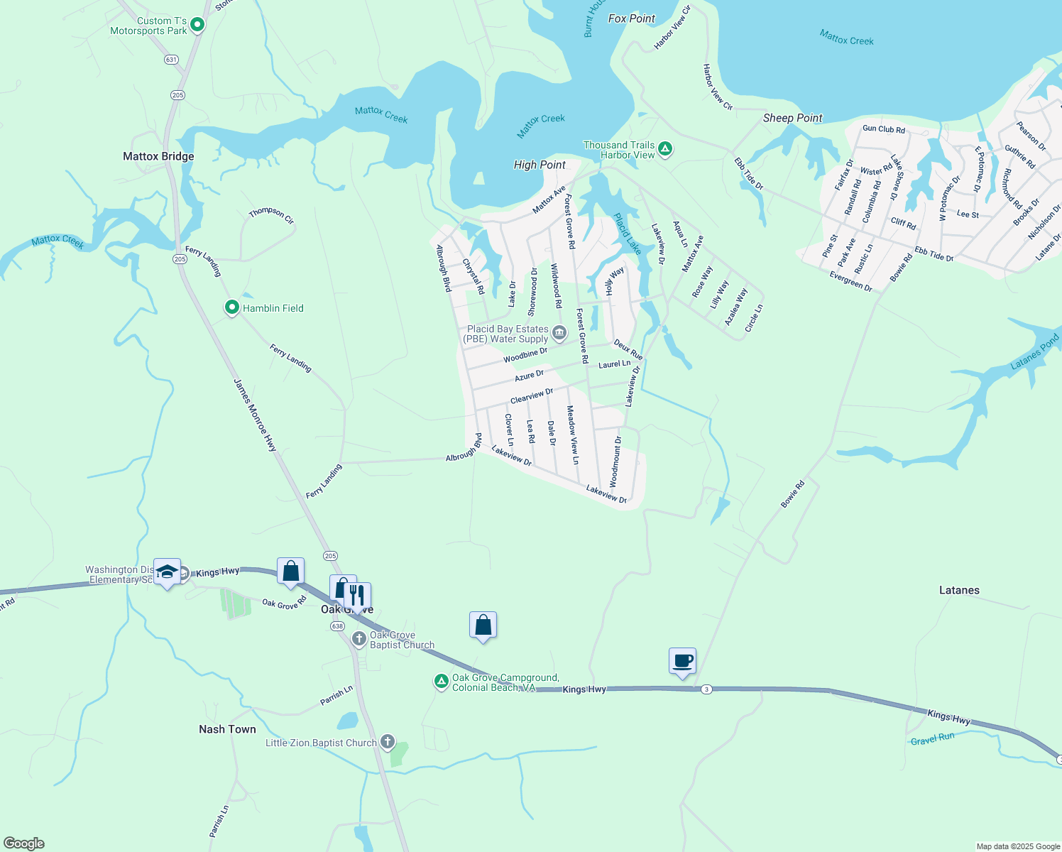 map of restaurants, bars, coffee shops, grocery stores, and more near 116 Lea Road in Colonial Beach