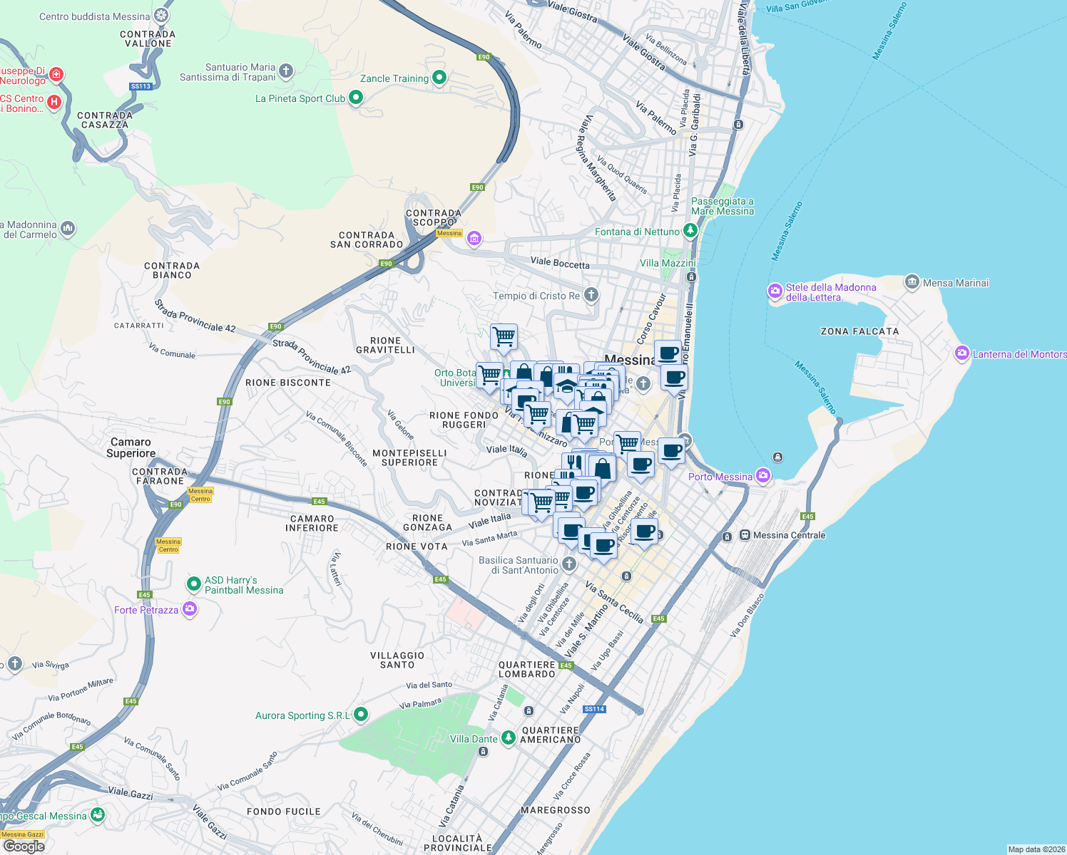 map of restaurants, bars, coffee shops, grocery stores, and more near 224 Via T. Cannizzaro in Messina