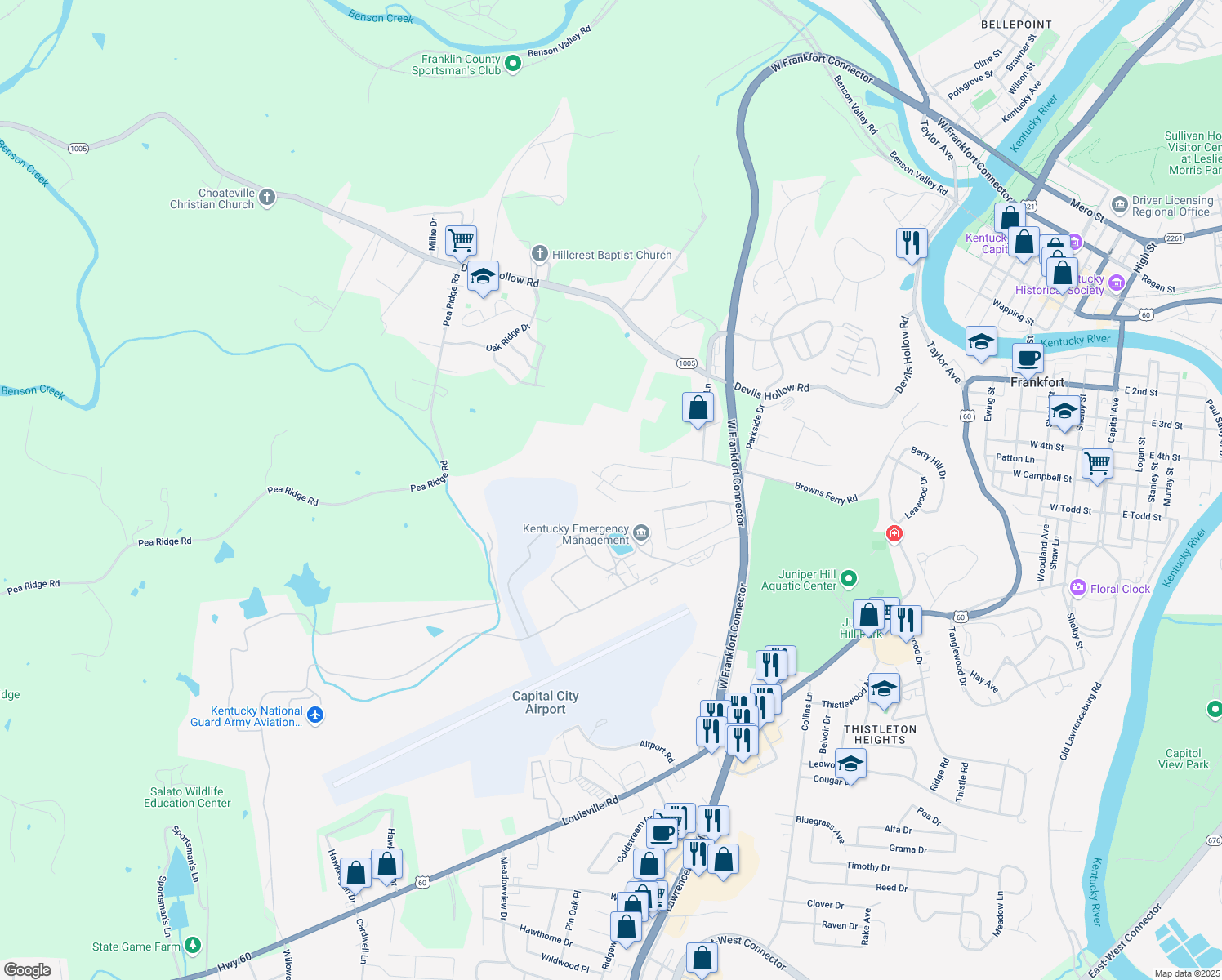 map of restaurants, bars, coffee shops, grocery stores, and more near 257 Donalynn Drive in Frankfort