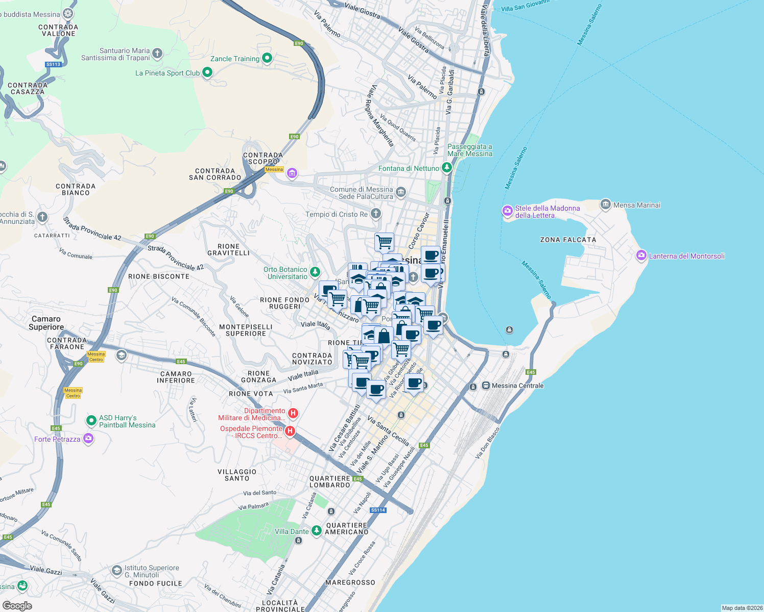 map of restaurants, bars, coffee shops, grocery stores, and more near 16 Via Cavour in Messina