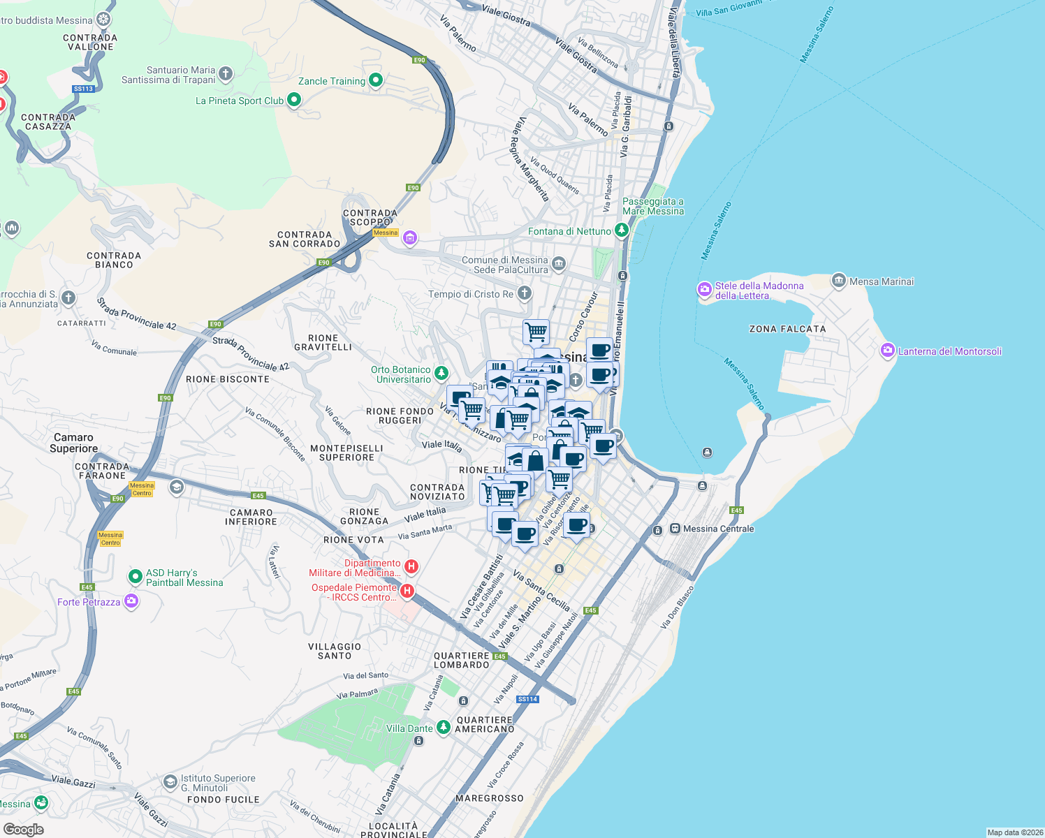 map of restaurants, bars, coffee shops, grocery stores, and more near 16 Corso Cavour in Messina