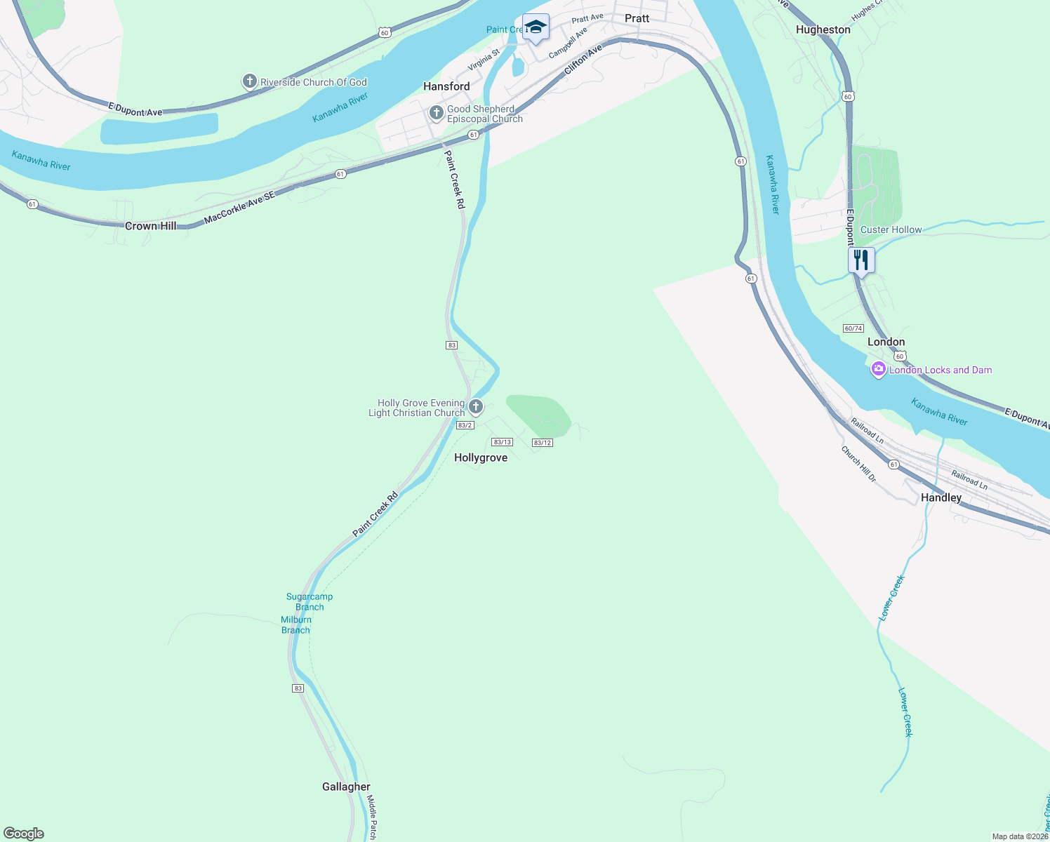 map of restaurants, bars, coffee shops, grocery stores, and more near 62 Groves School Road in Kanawha