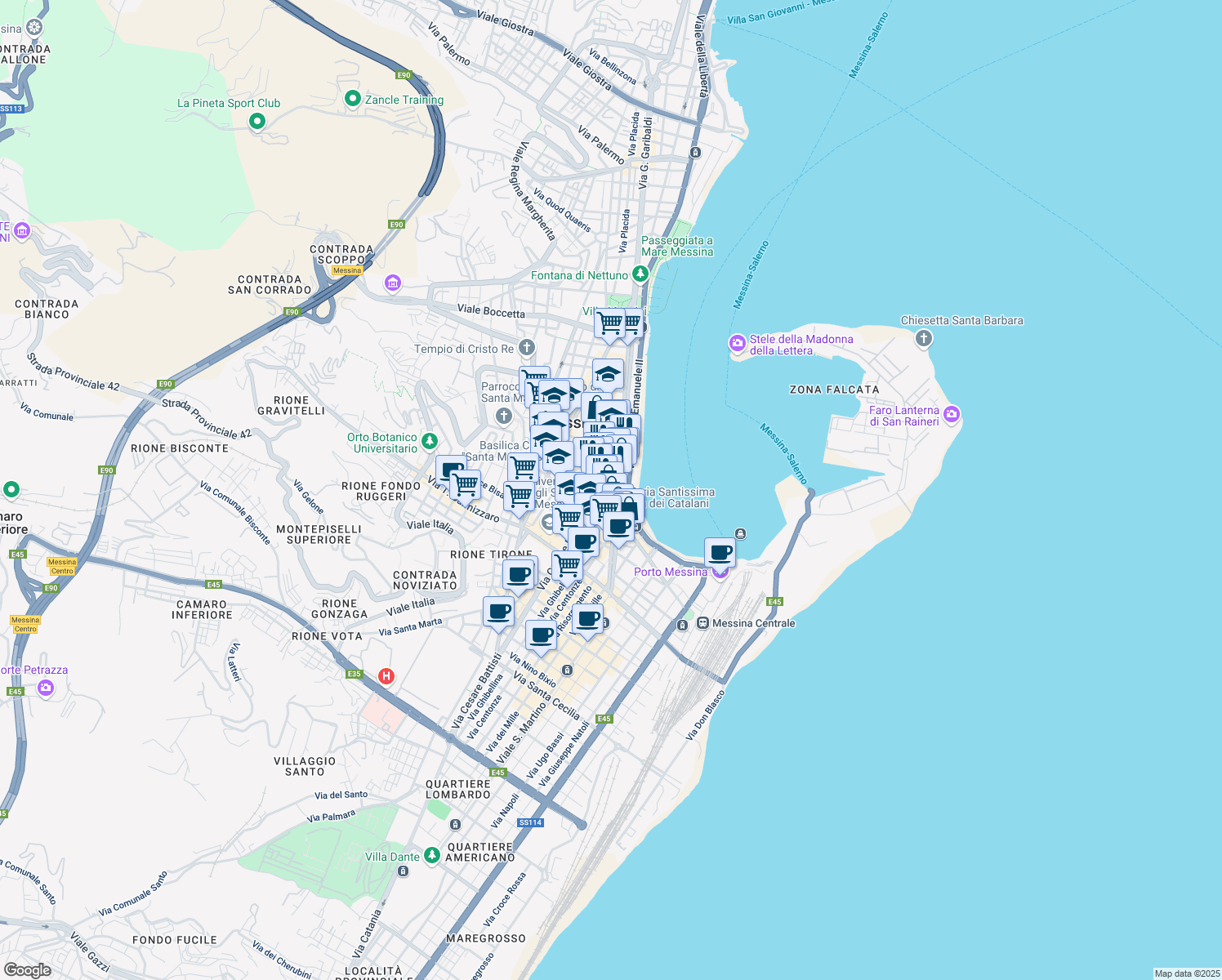 map of restaurants, bars, coffee shops, grocery stores, and more near Via Cardines in Messina