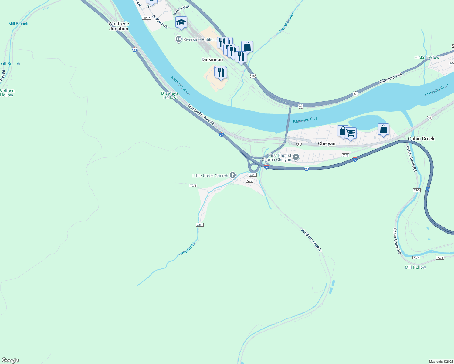 map of restaurants, bars, coffee shops, grocery stores, and more near 296 Little Creek Rd in Kanawha