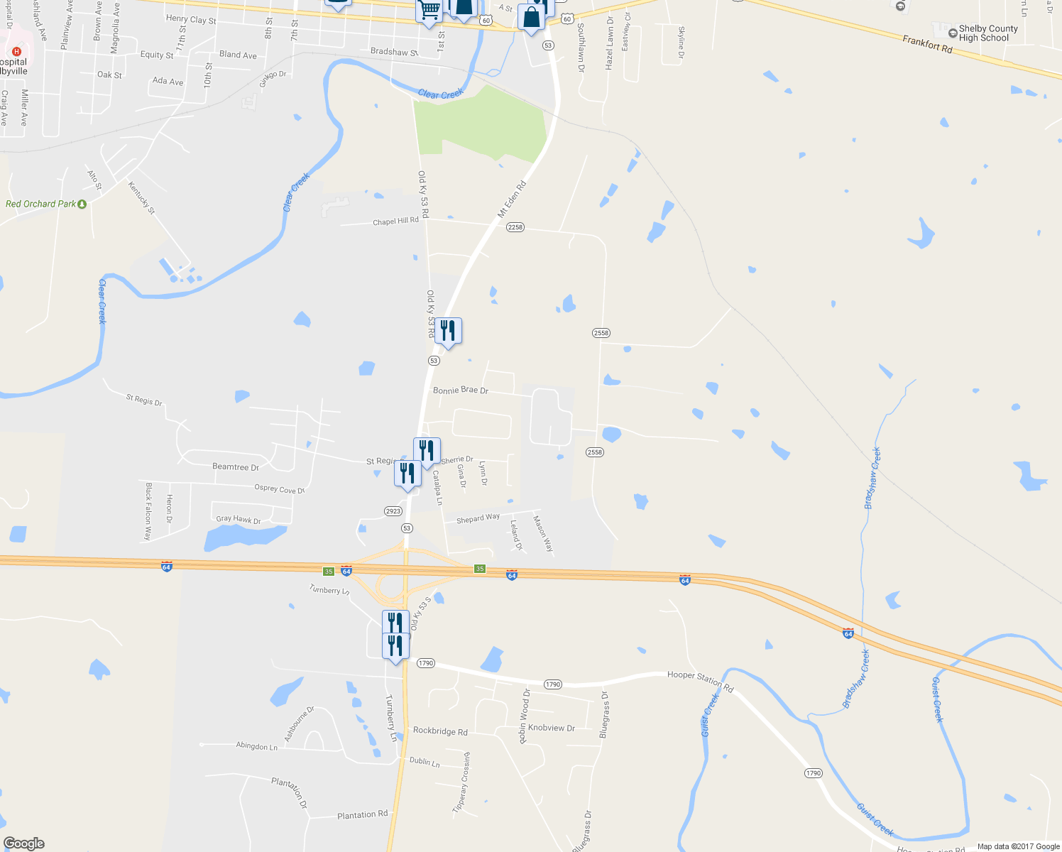 map of restaurants, bars, coffee shops, grocery stores, and more near 222 Woodfield Circle in Shelbyville
