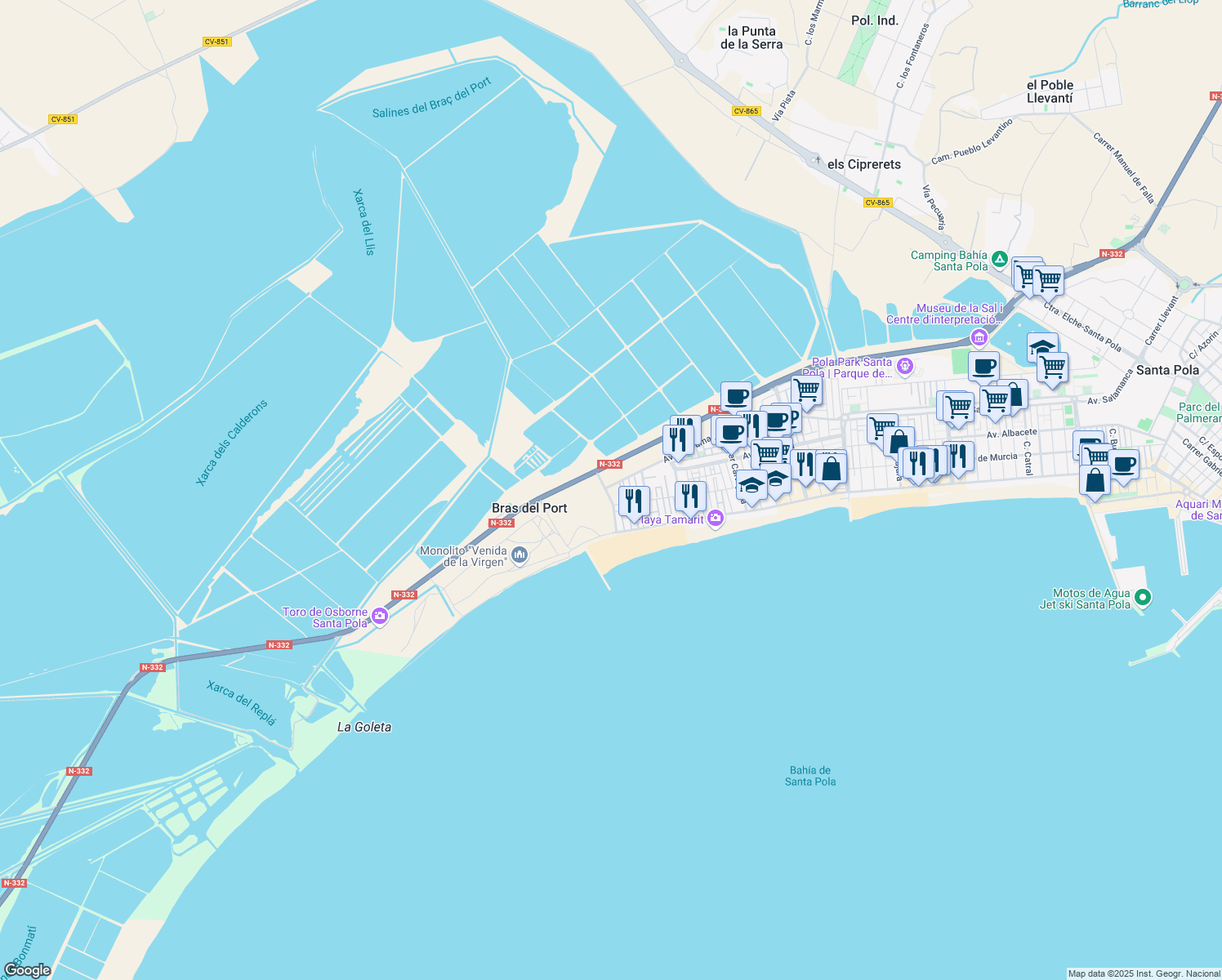 map of restaurants, bars, coffee shops, grocery stores, and more near 228 Calle Elda in Santa Pola