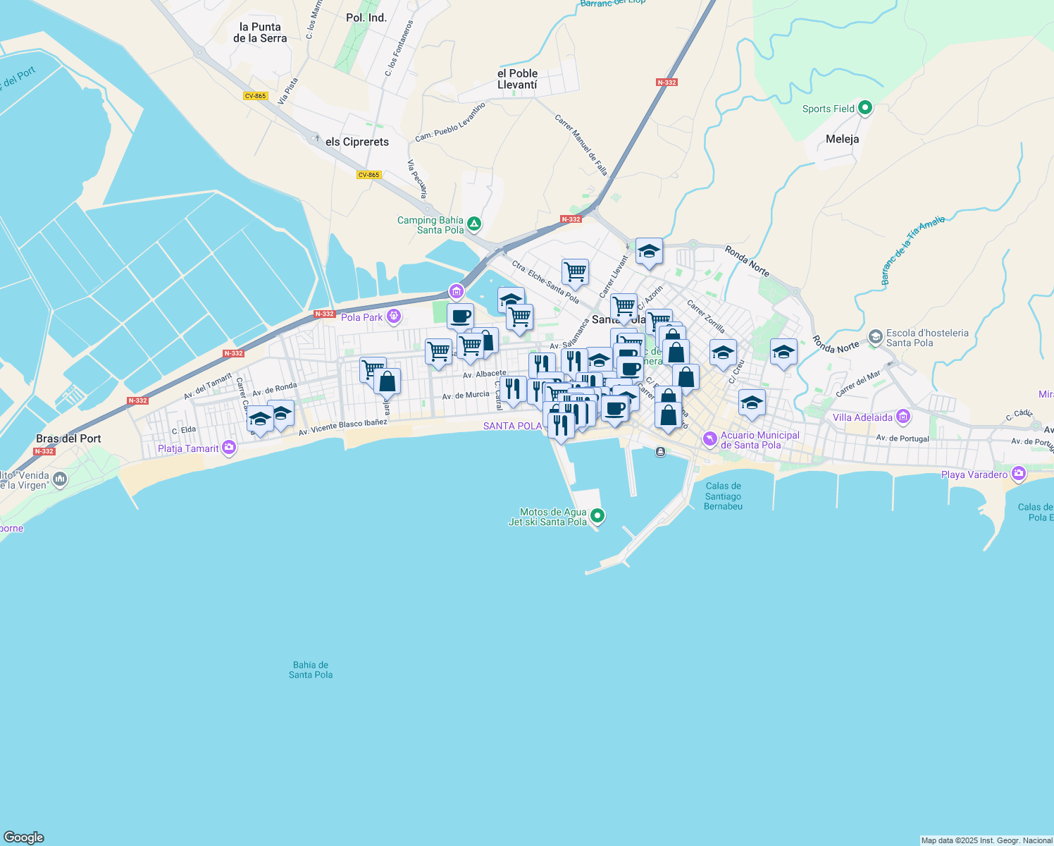 map of restaurants, bars, coffee shops, grocery stores, and more near 20 Avinguda Vicente Blasco Ibañez in Santa Pola