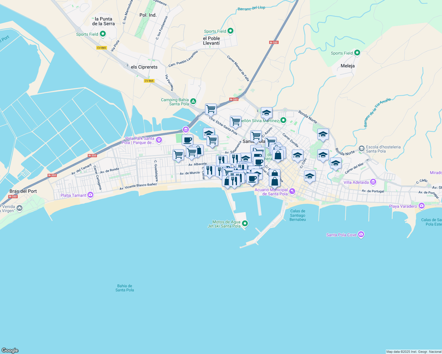 map of restaurants, bars, coffee shops, grocery stores, and more near 20 Avinguda Vicente Blasco Ibañez in Santa Pola
