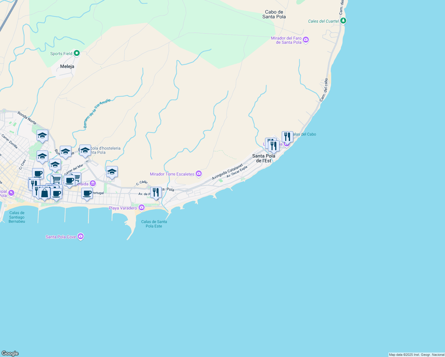 map of restaurants, bars, coffee shops, grocery stores, and more near 2A Avinguda Oscar Espla in Santa Pola