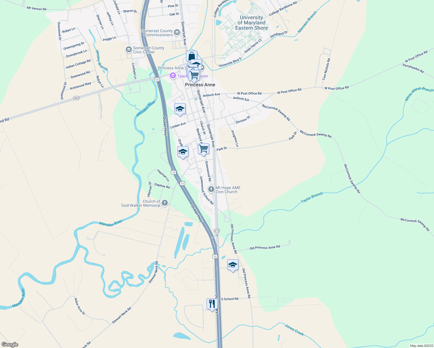 map of restaurants, bars, coffee shops, grocery stores, and more near 11336 Old Princess Anne Road in Princess Anne