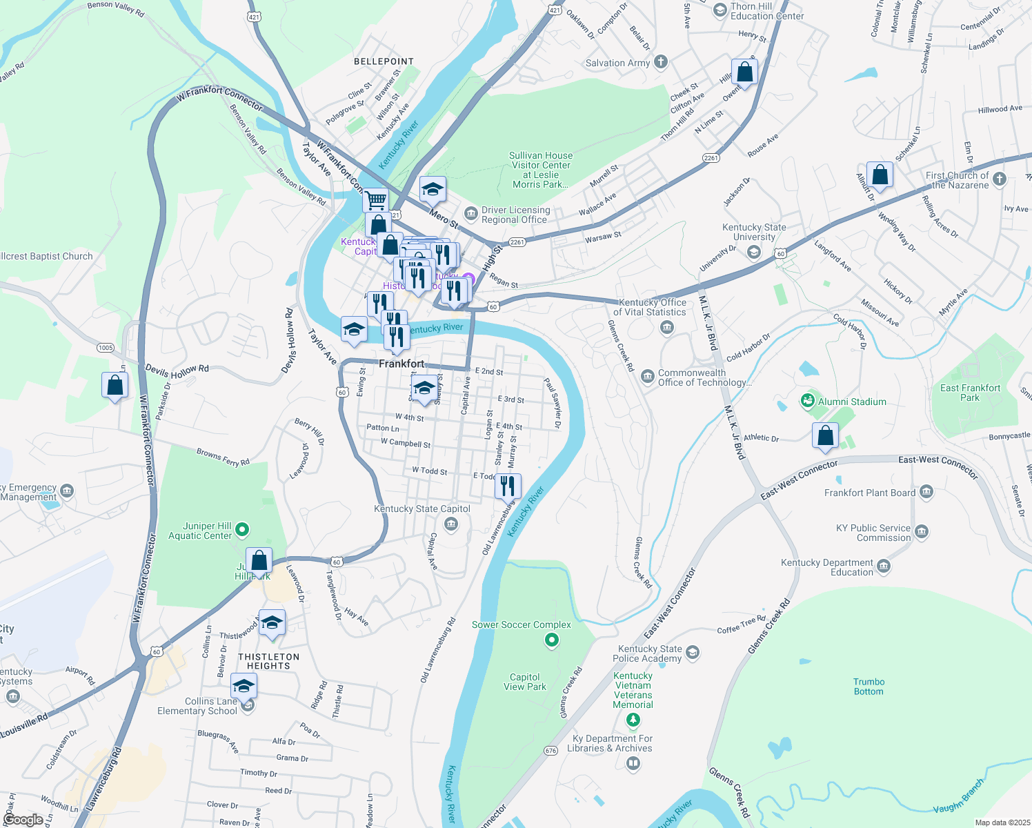 map of restaurants, bars, coffee shops, grocery stores, and more near Murray Street in Frankfort