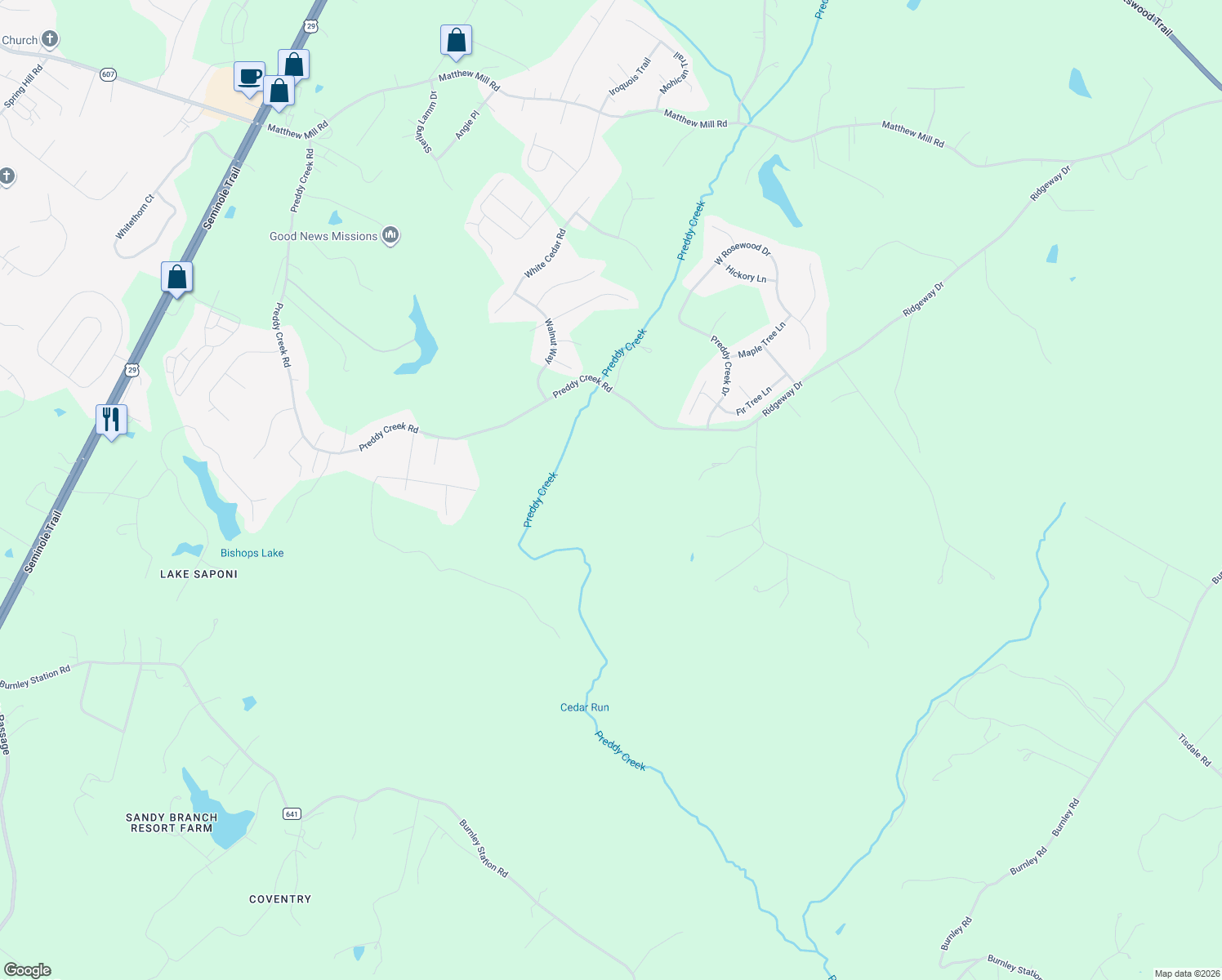 map of restaurants, bars, coffee shops, grocery stores, and more near 125 Matthew Mill Road in Ruckersville