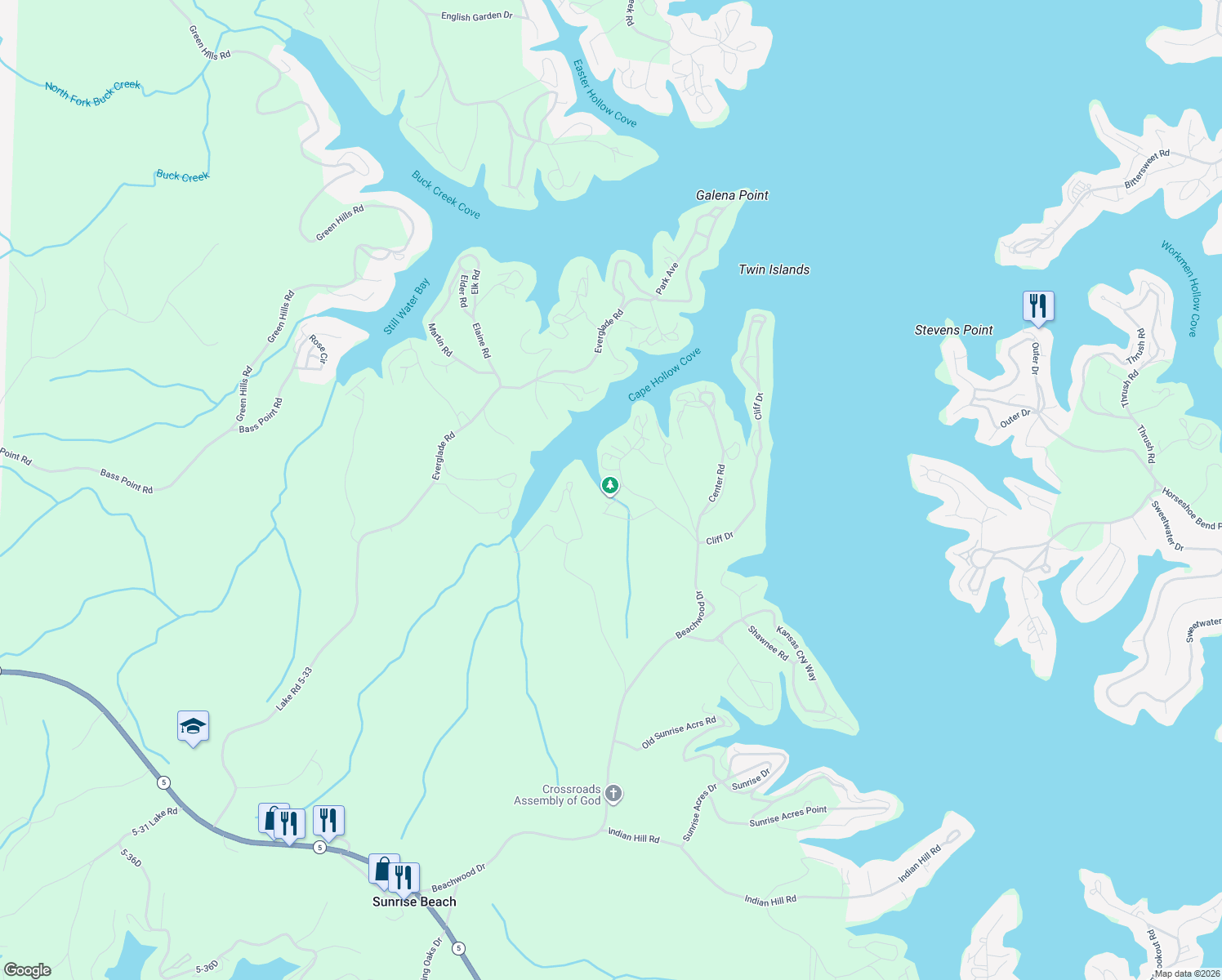 map of restaurants, bars, coffee shops, grocery stores, and more near Northview Road in Sunrise Beach