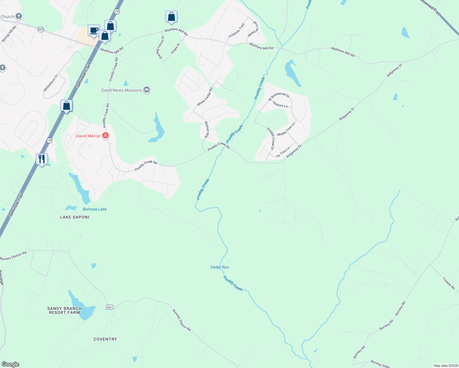 map of restaurants, bars, coffee shops, grocery stores, and more near 125 Matthew Mill Road in Ruckersville