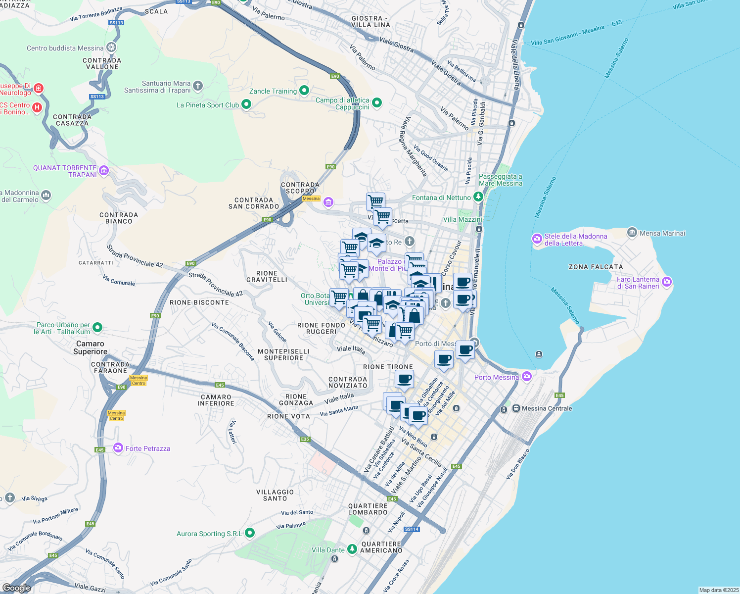 map of restaurants, bars, coffee shops, grocery stores, and more near 77 Viale Principe Umberto in Messina