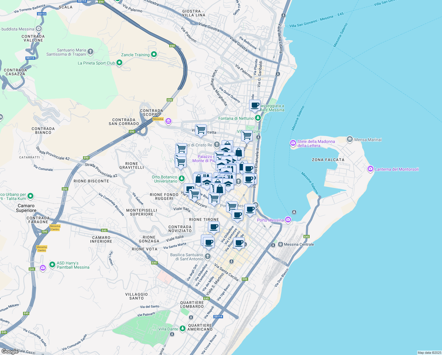 map of restaurants, bars, coffee shops, grocery stores, and more near 107 Via XXIV Maggio in Messina