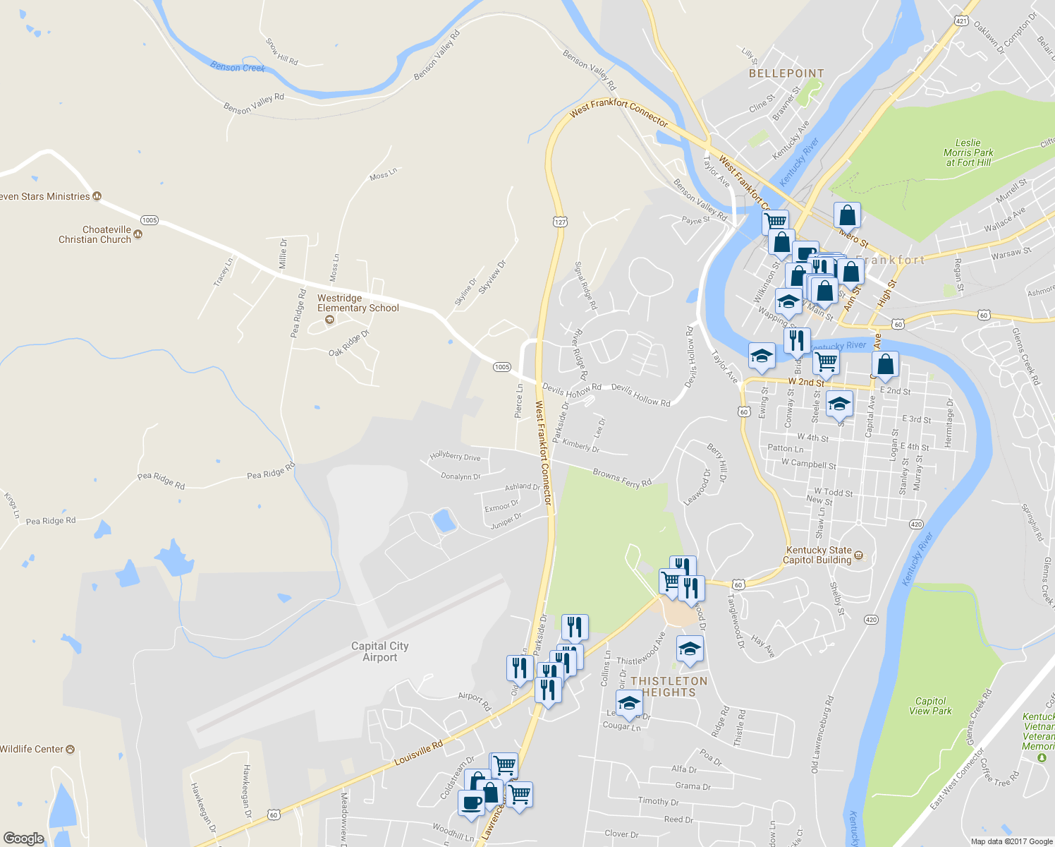 map of restaurants, bars, coffee shops, grocery stores, and more near 1010 Manor Drive in Frankfort