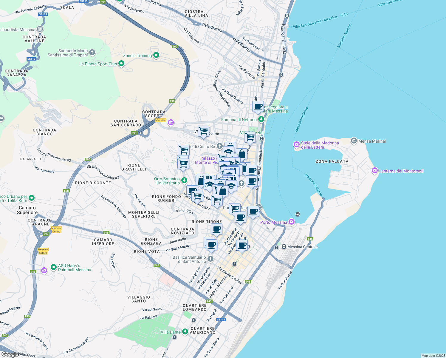map of restaurants, bars, coffee shops, grocery stores, and more near 107 Via XXIV Maggio in Messina