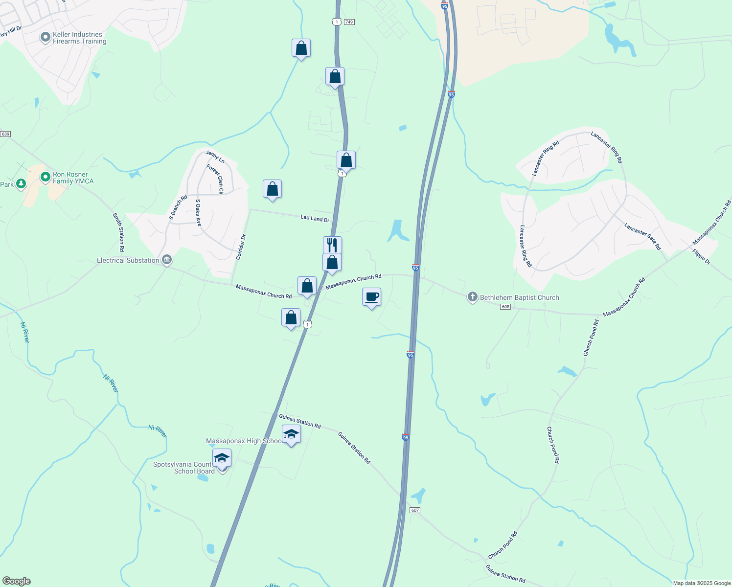 map of restaurants, bars, coffee shops, grocery stores, and more near 4916 Massaponax Church Road in Fredericksburg