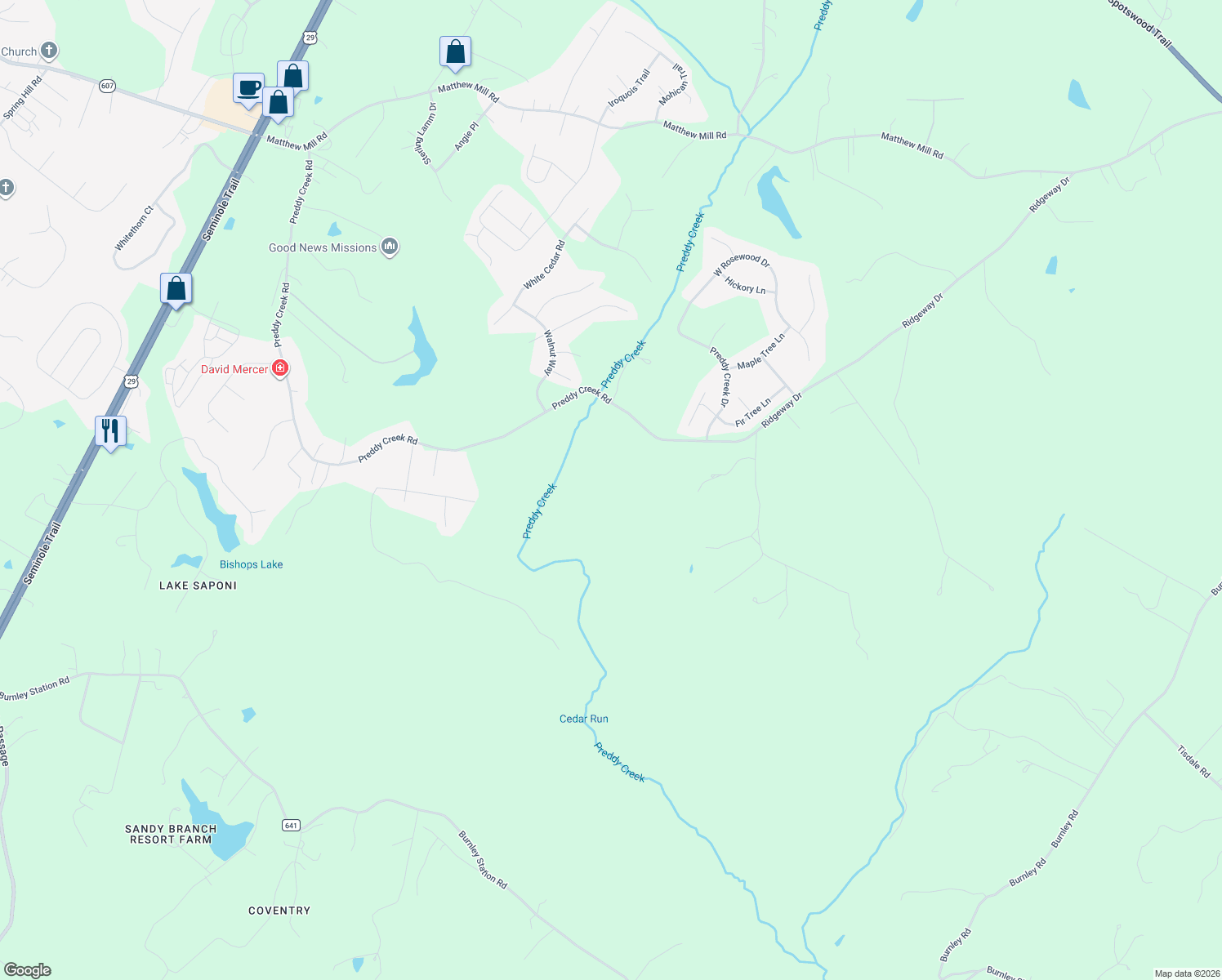 map of restaurants, bars, coffee shops, grocery stores, and more near 125 Matthew Mill Road in Ruckersville