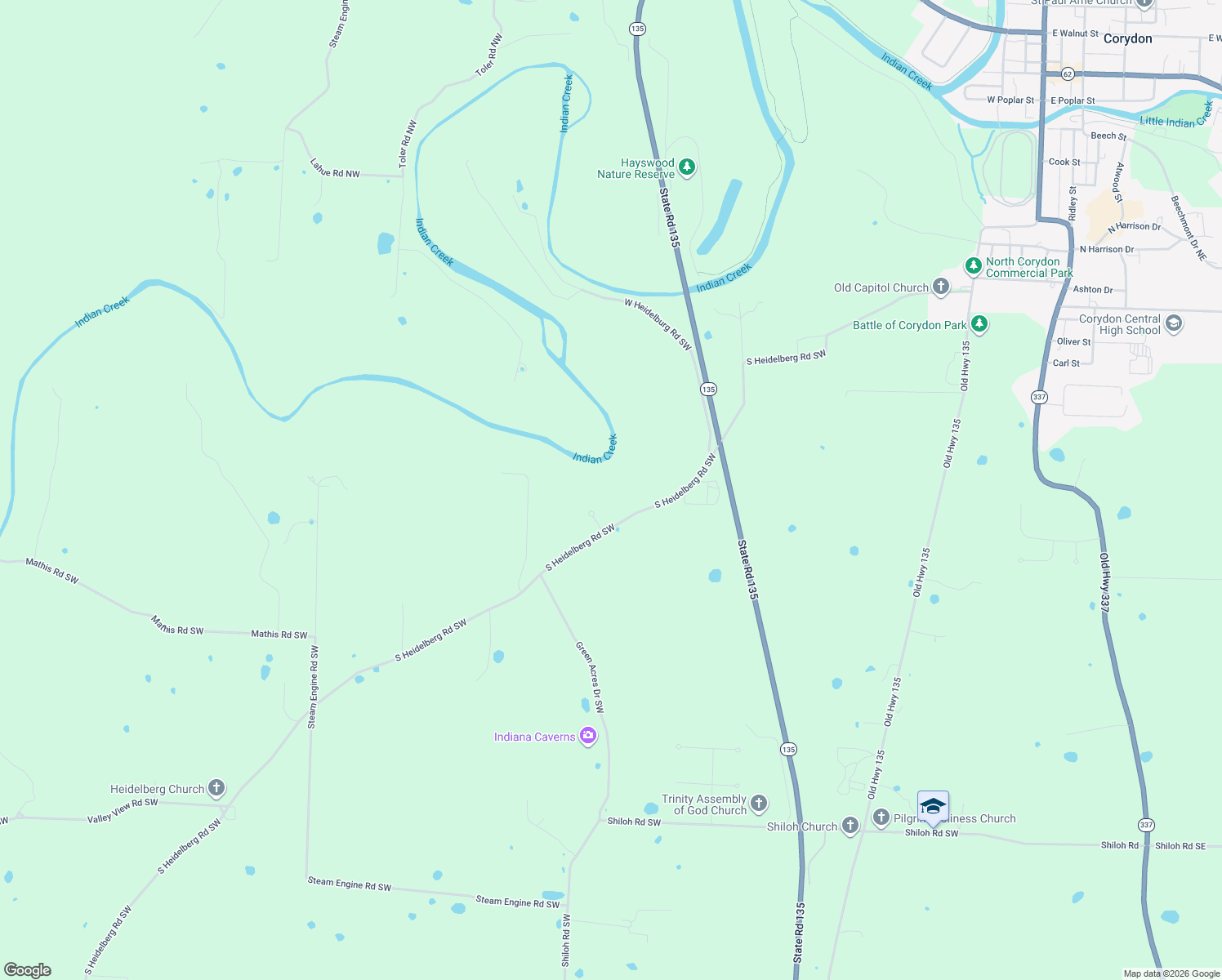 map of restaurants, bars, coffee shops, grocery stores, and more near 480 Loudons Ridge Drive Southwest in Corydon