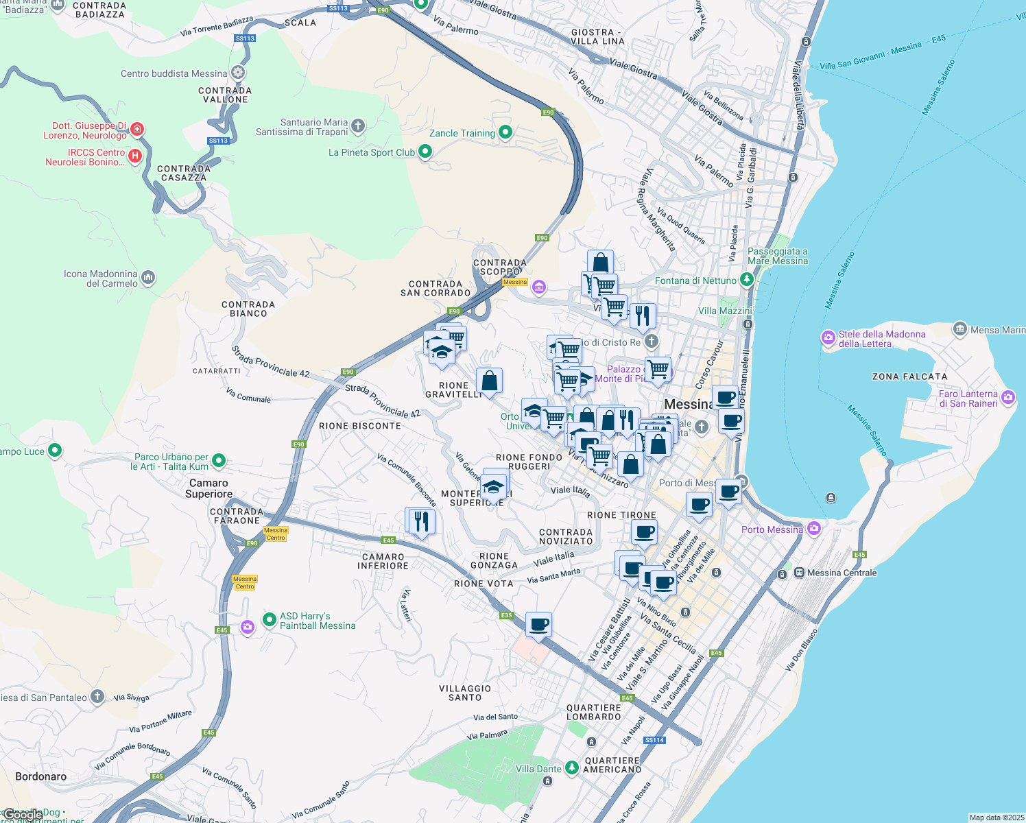 map of restaurants, bars, coffee shops, grocery stores, and more near 60 Via Pietro Castelli in Messina