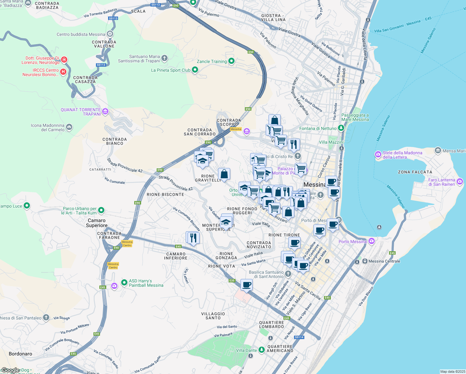 map of restaurants, bars, coffee shops, grocery stores, and more near 60 Via Pietro Castelli in Messina